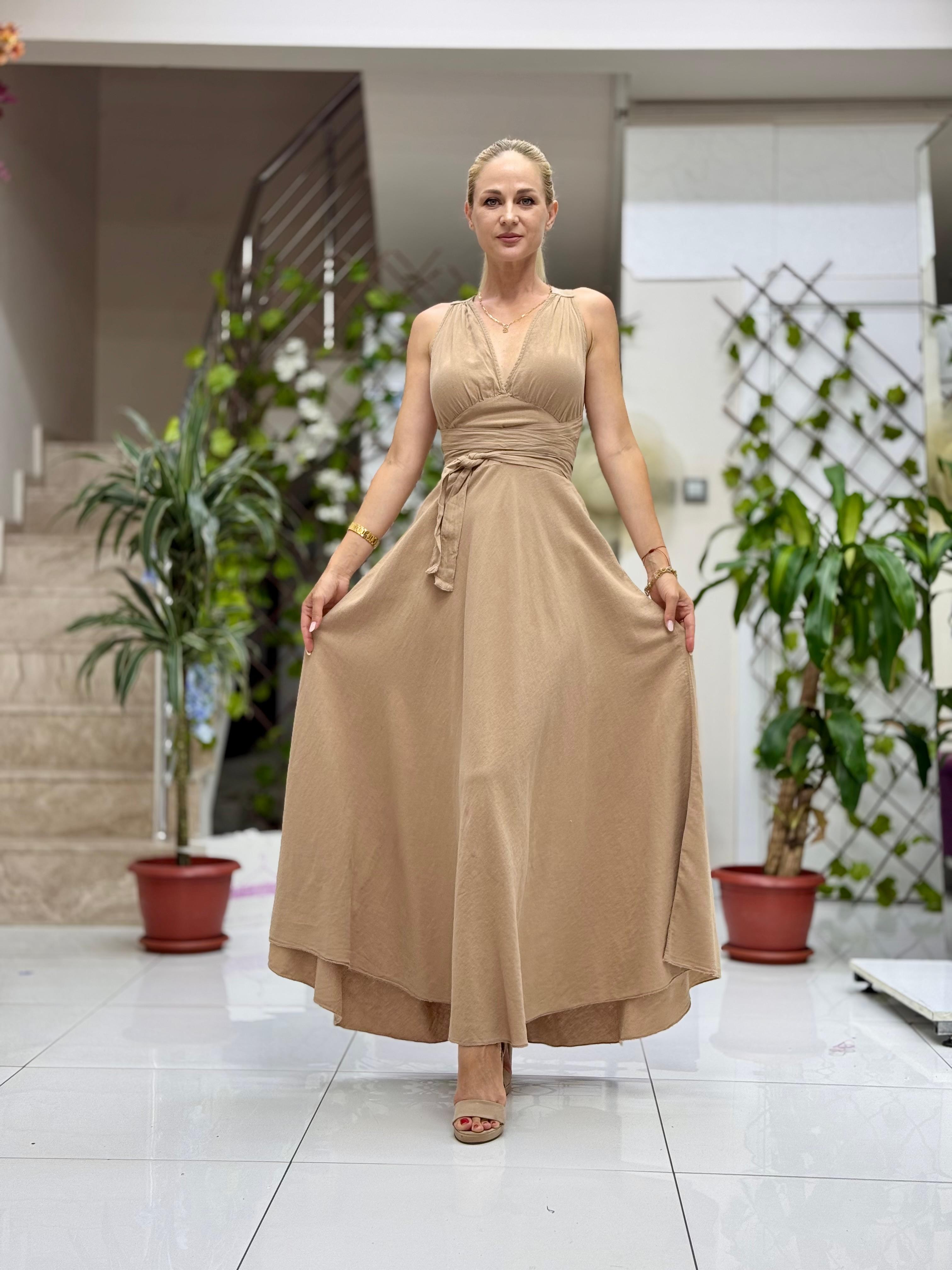 PT25071 Omuz Bağlamalı Belden Kuşaklı Sırtı Açık Coton Elbise Camel
