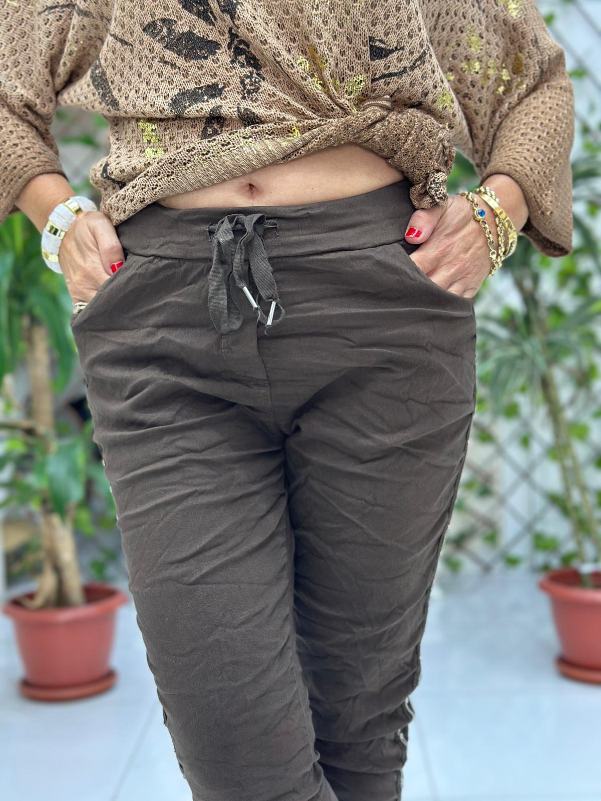 NC50208A İtalyan Yanlar Taşlı Coton Pantolon Kahverengi