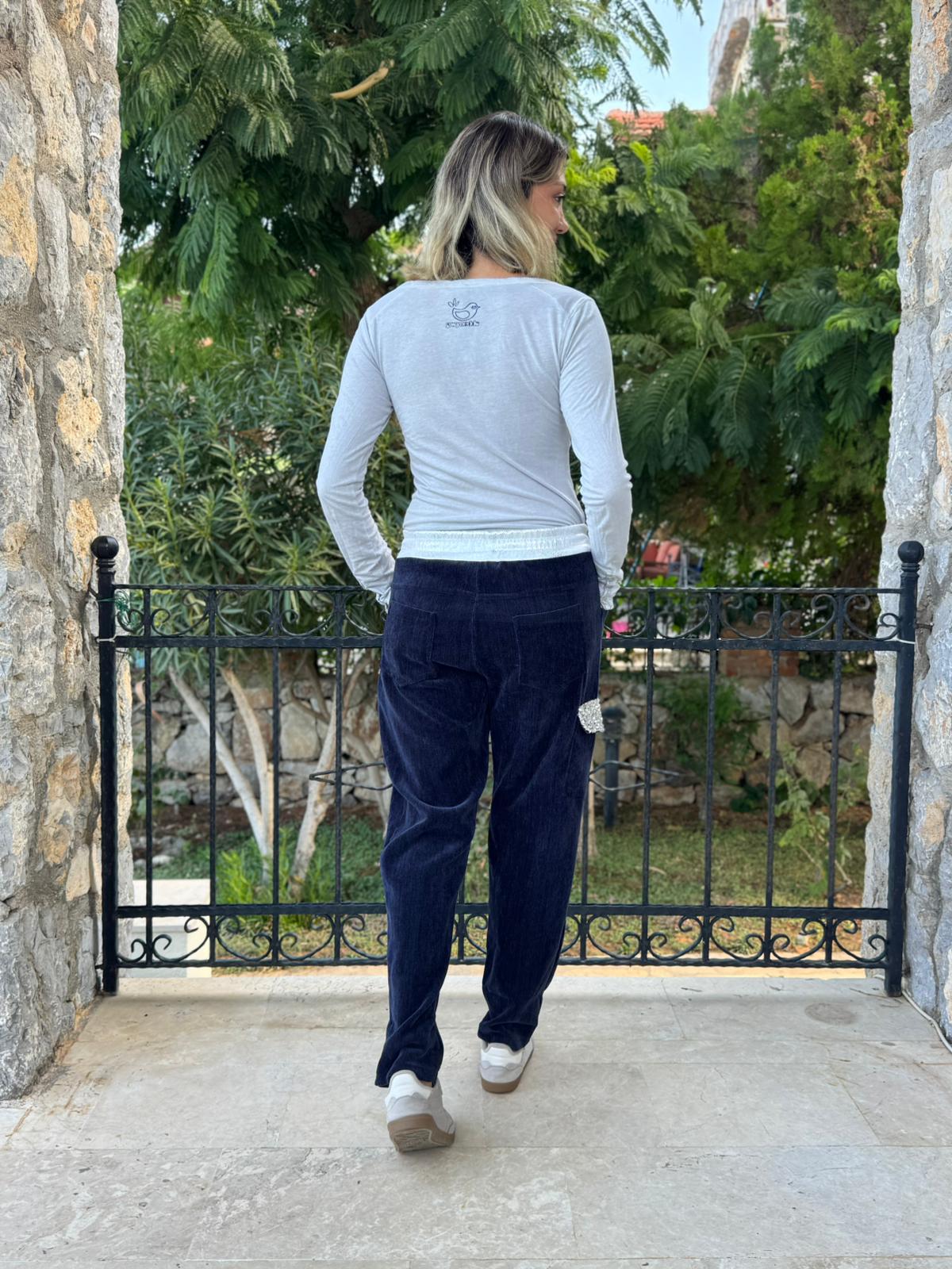 LS13220 İtalyan Cebi Taşlı Kadife Pantolon Lacivert