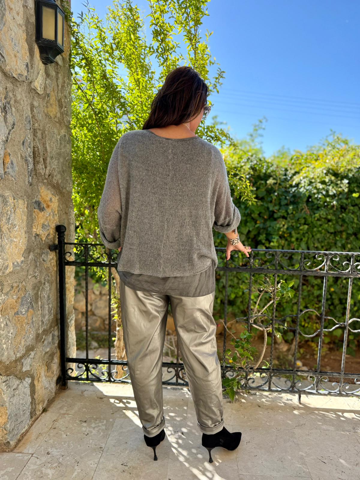 NC0023 Pul Payetli Kabartmalı İpek Triko İtalyan Bluz Füme