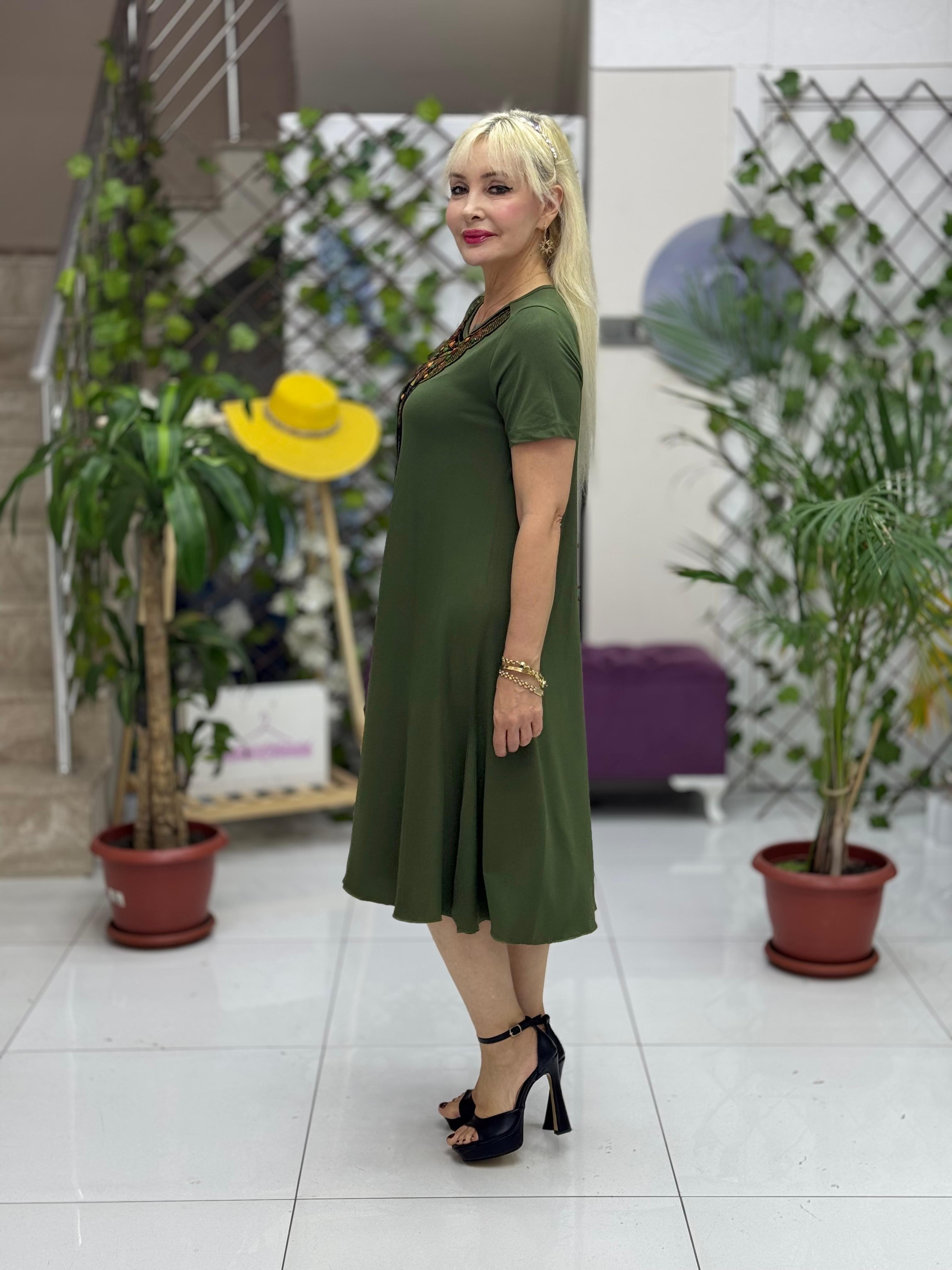 MS1666 Nakışlı Penye Elbise Haki