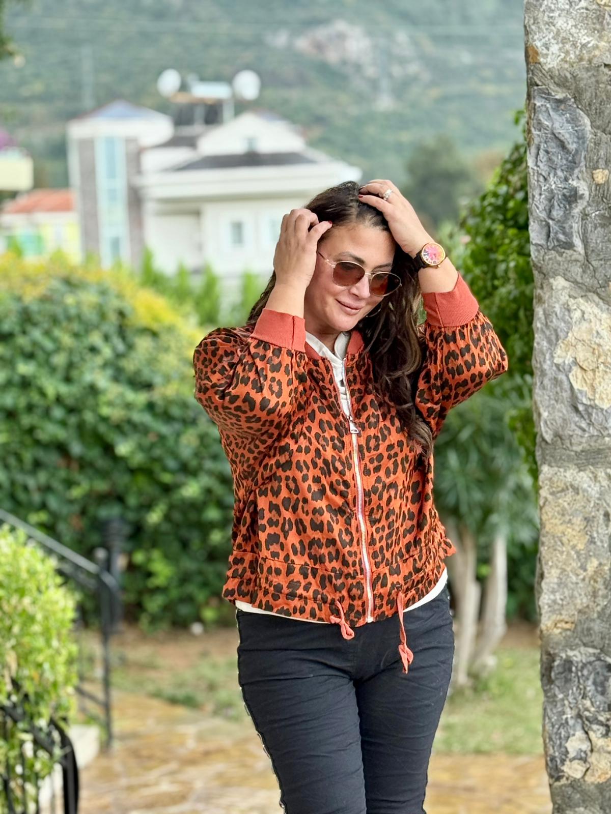 YG837903 İtalyan Leoparlı Saten İpek Ceket Oranj