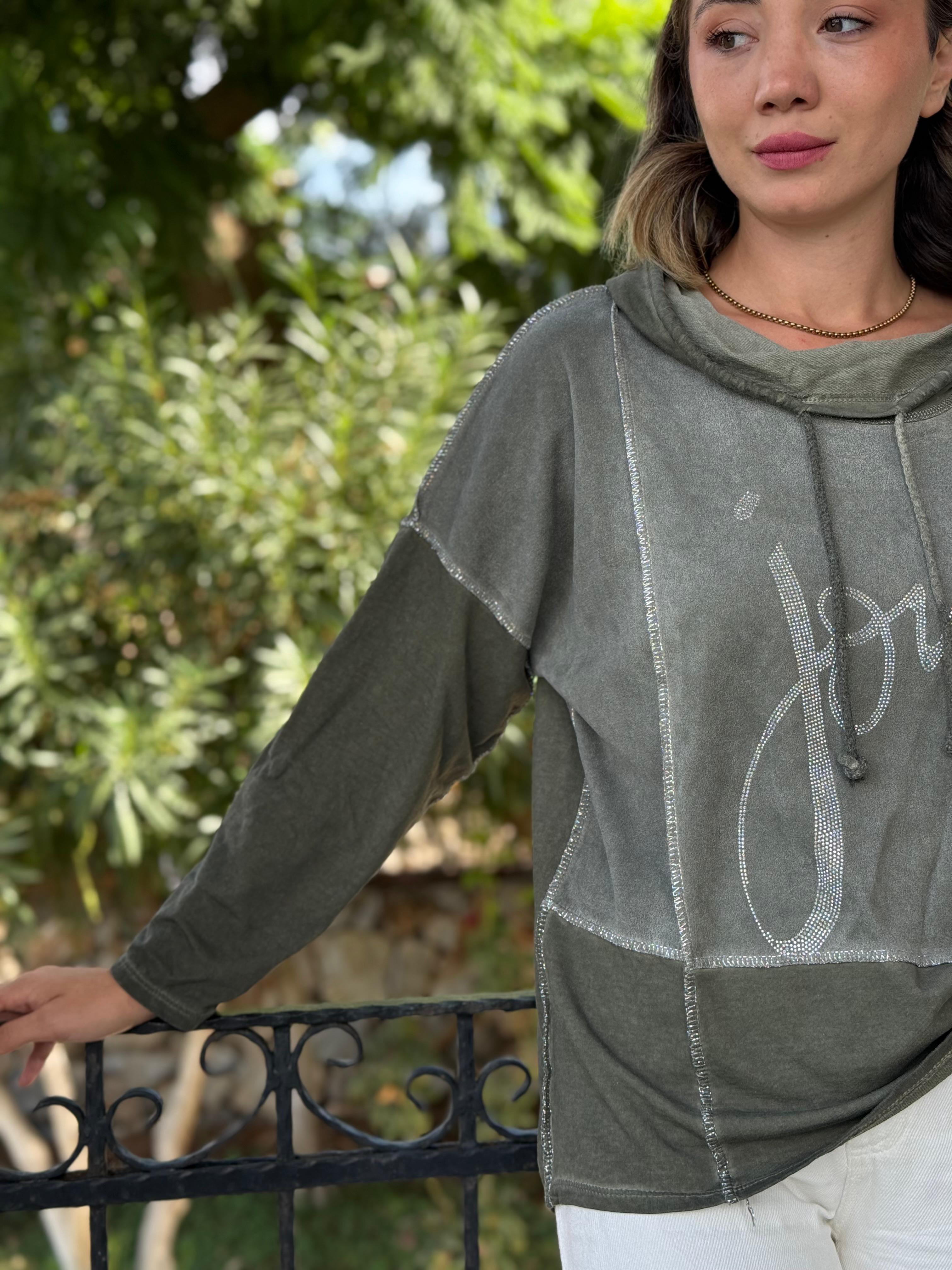 NC8533C İtalyan Joy Taşlı Kapüşonlu Coton Sweatshirt Haki