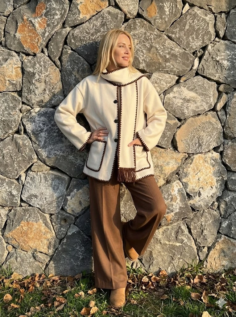 NC27786 Oya İşlemeli Atkılı İnce Kaşe Hırka Ekru