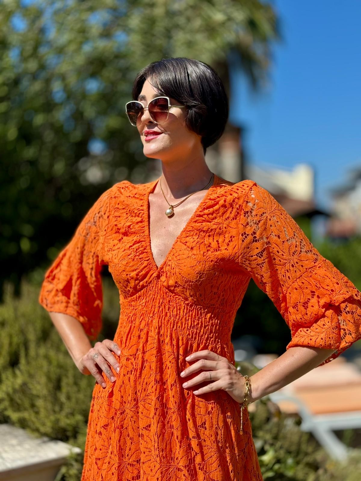 PT1355 İtalyan Dantel Mini Elbise Oranj