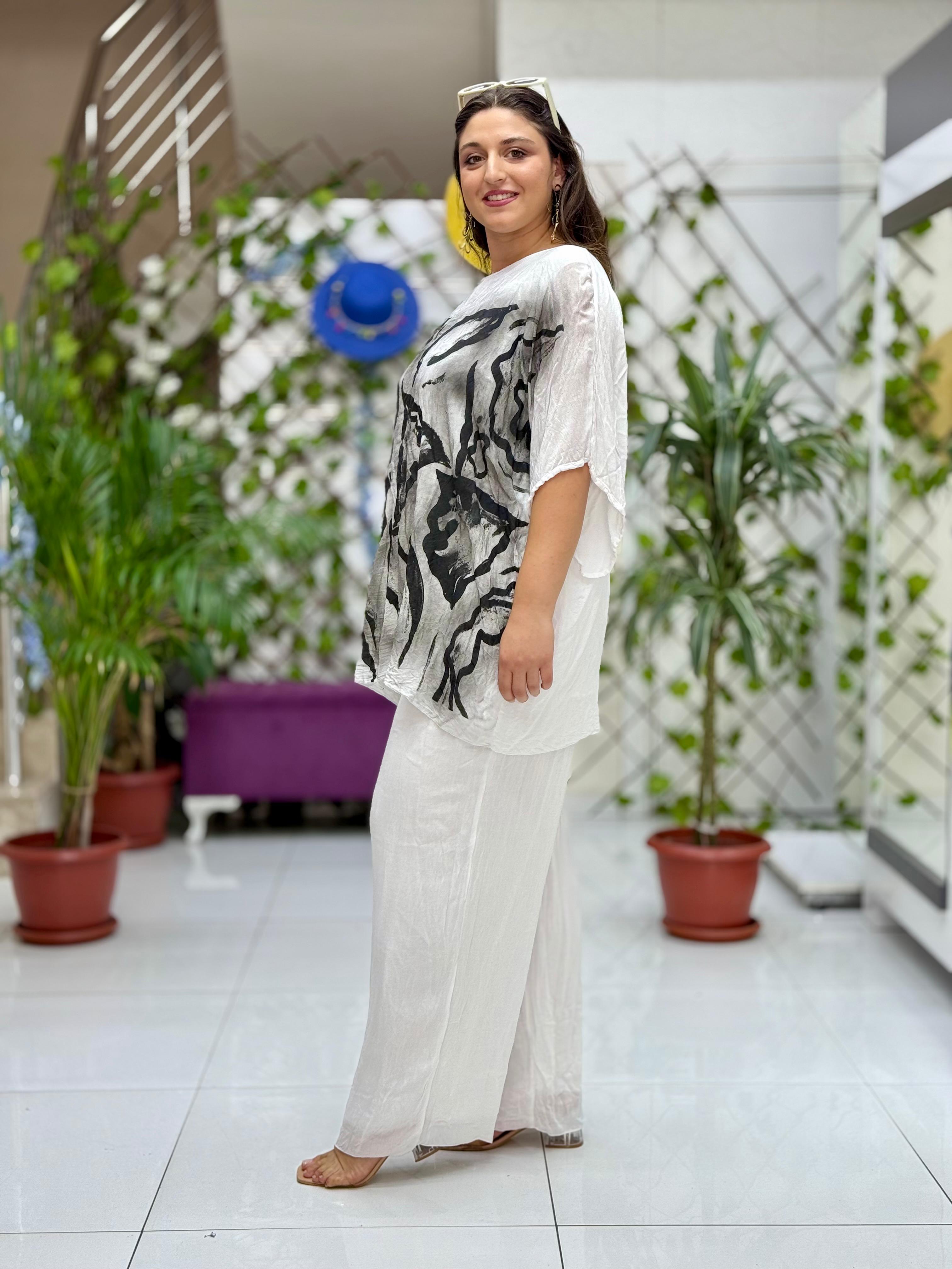 VL3159 %100 Vual Pamuk Bluz Pantolon Takım Beyaz