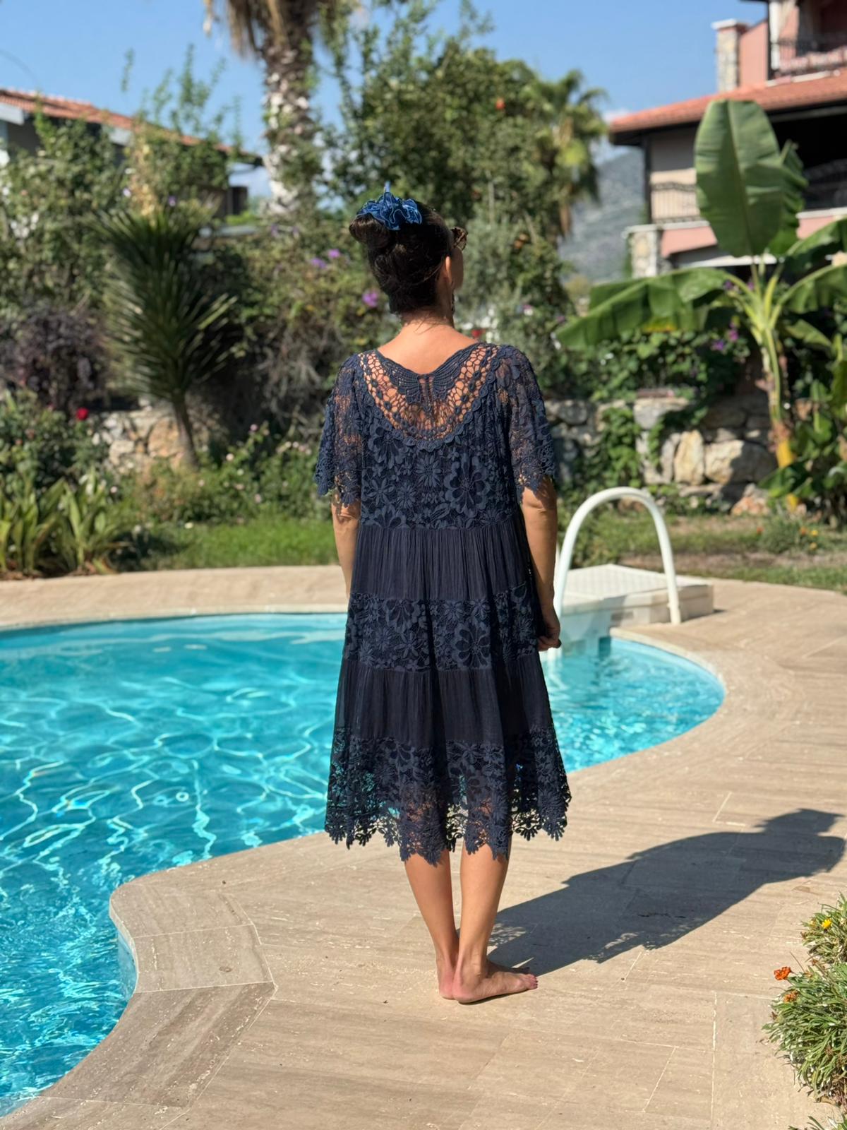 NCC10337 İtalyan İpek Elbise Lacivert