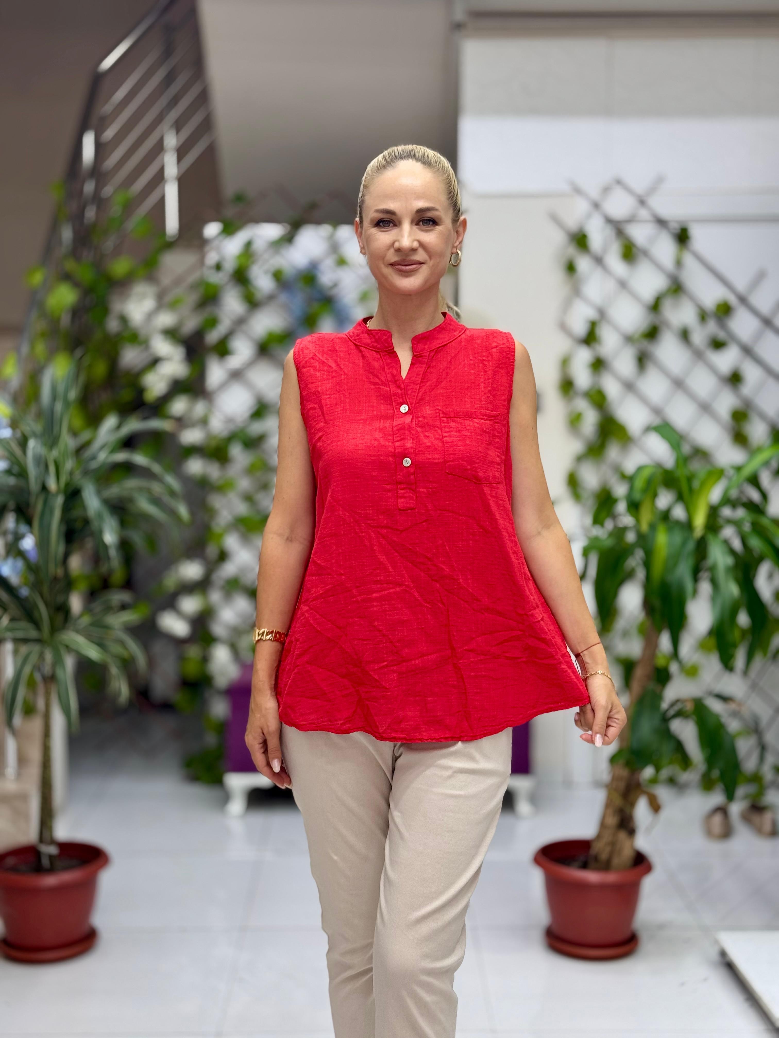 LS8819E Kolsuz Pamukketen Cepli İtalyan Bluz Kırmızı