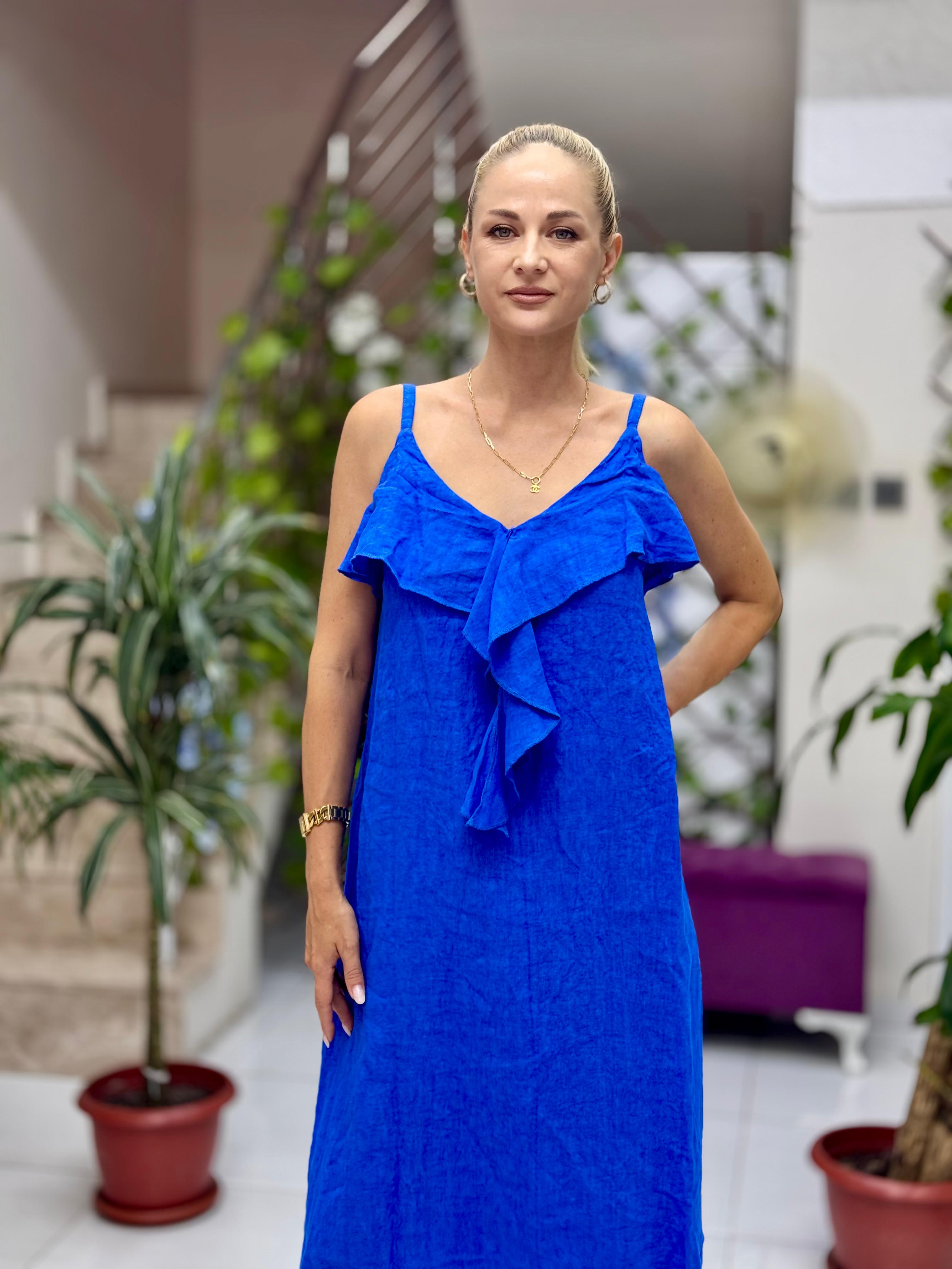 NC2132 İp Askılı Keten Önü Fırfırlı İtalyan Elbise Saks