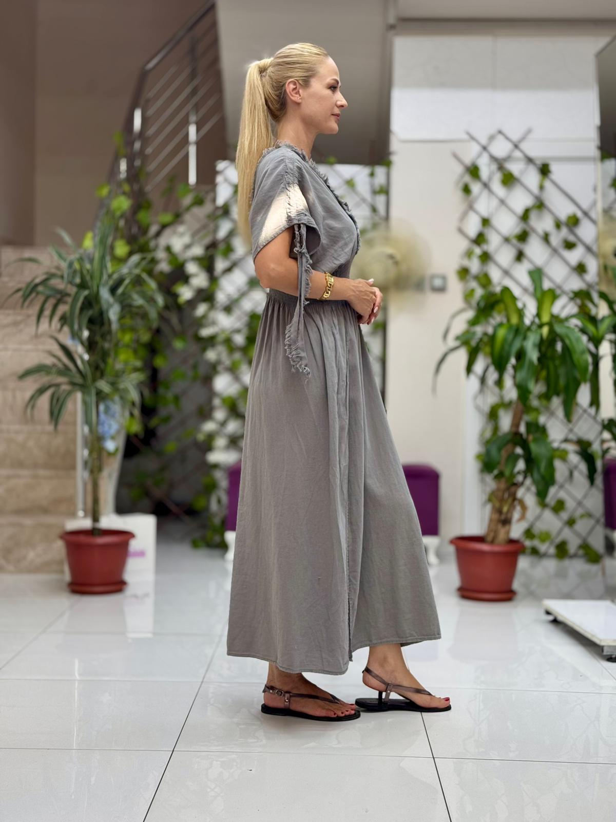 PT242500 Beli Lastikli Yaka Omuz Püsküllü Derin Yırtmaçlı Coton Elbise Gri