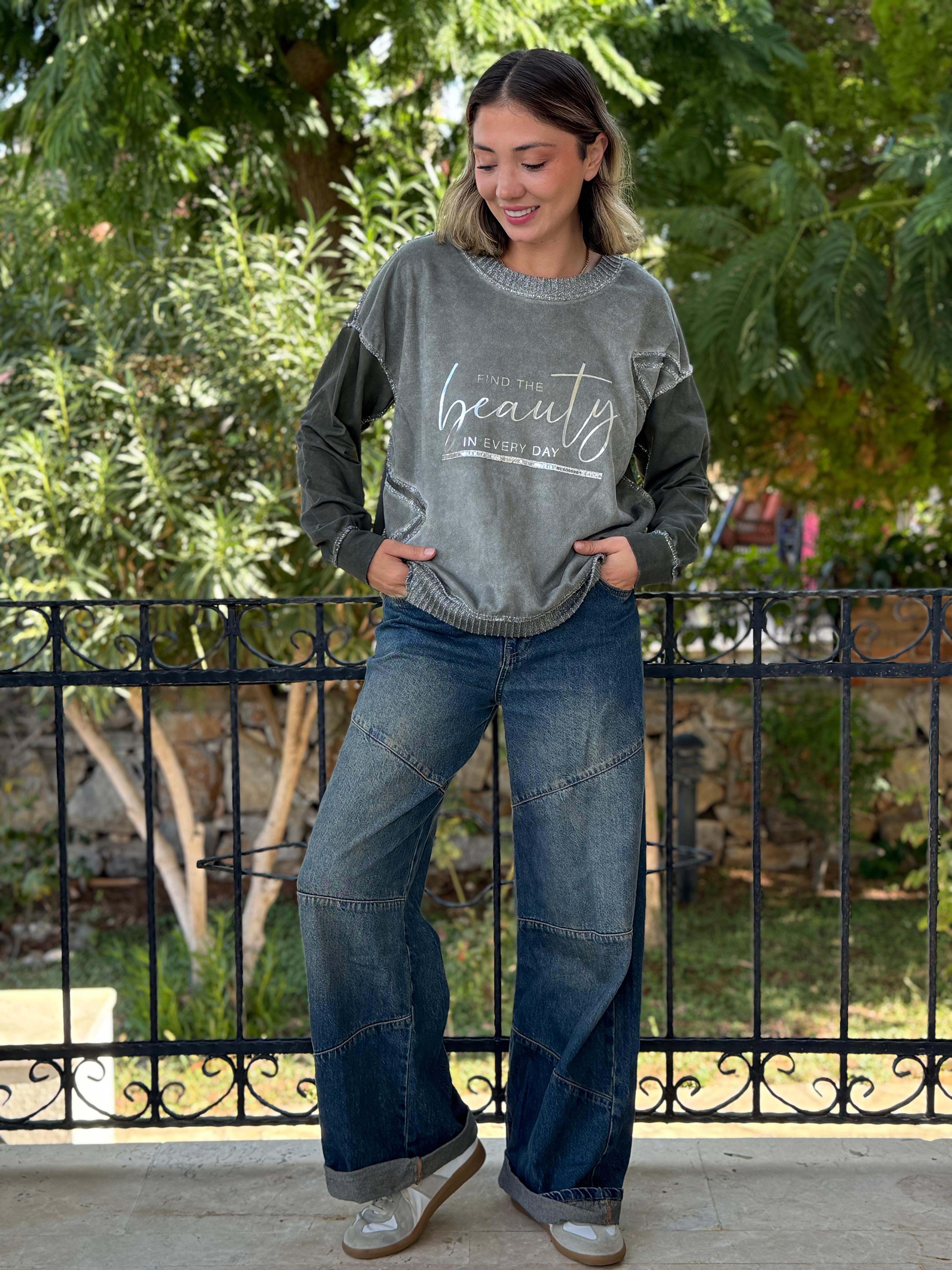 NC50793 İtalyan Beauty Yazılı Coton Sweatshirt Haki
