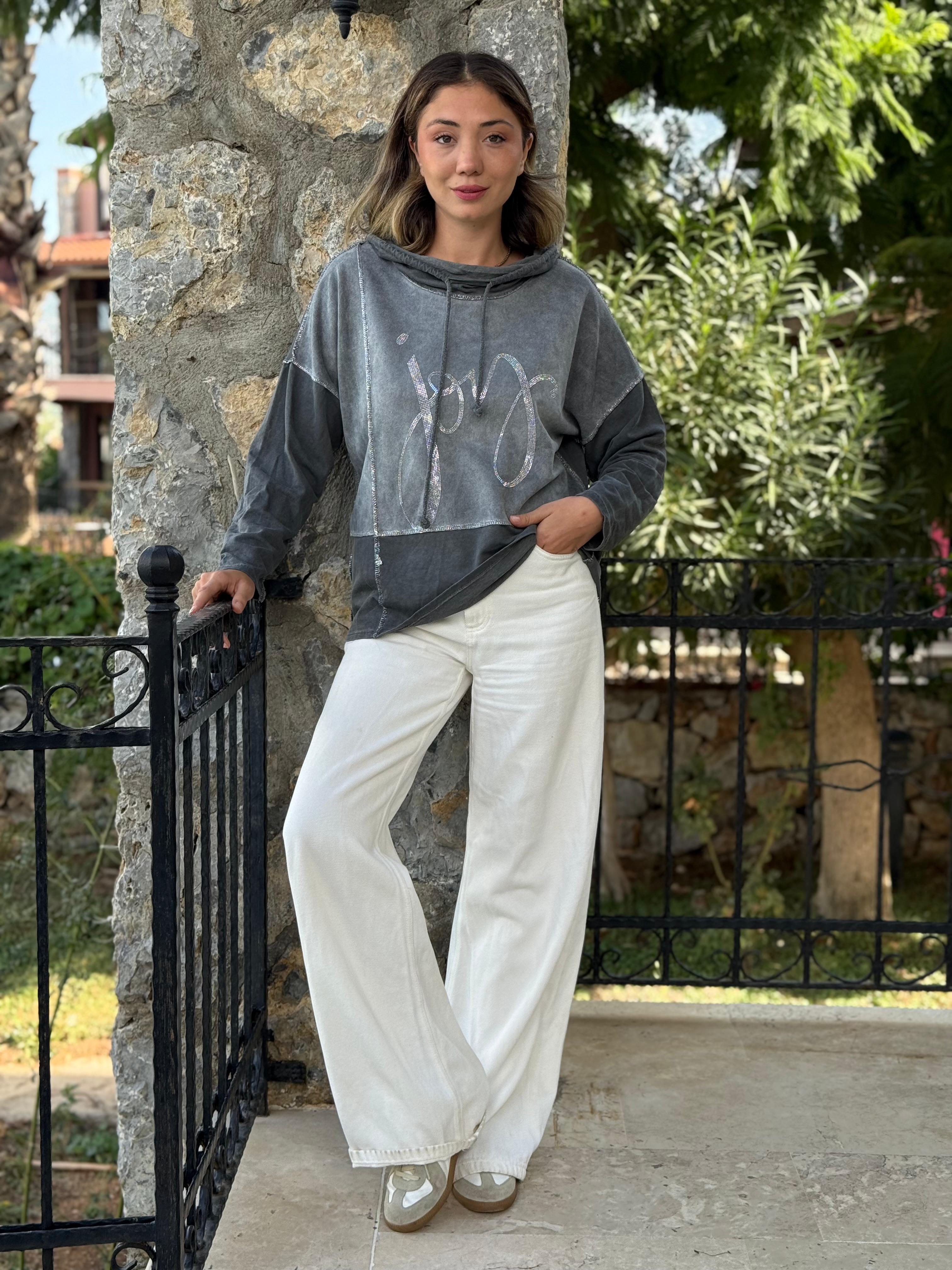 NC18533 İtalyan Joy Taşlı Kapüşonlu Coton Sweatshirt Gri