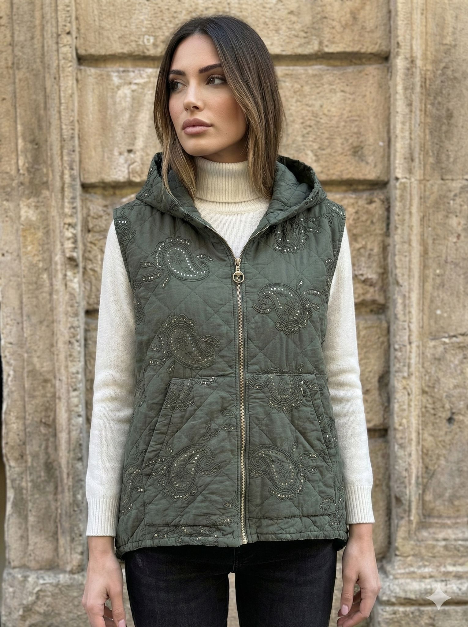 NC61585 Şal Desen Kapişonlu Kapitone İtalyan Yelek Haki