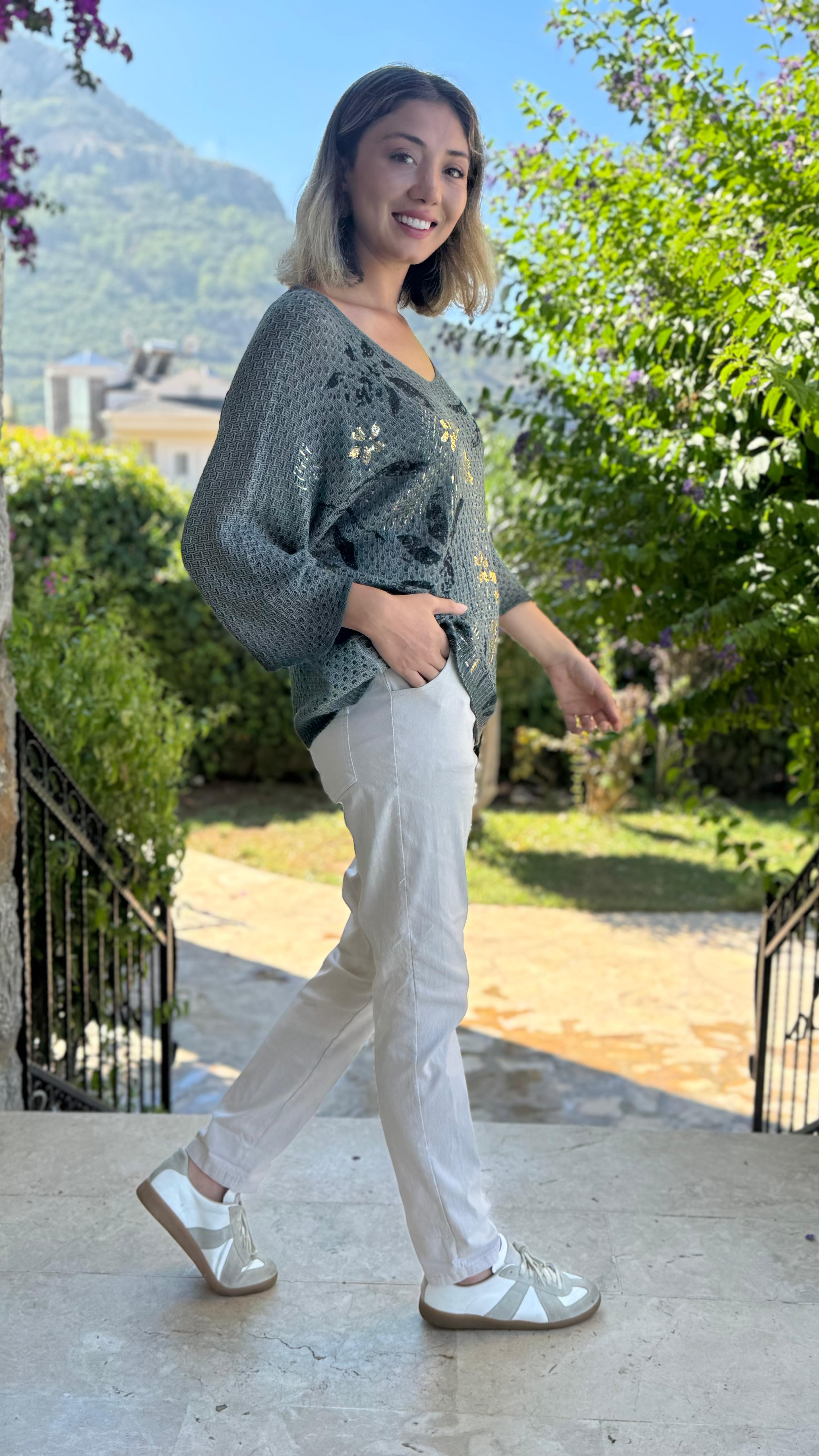FXLS7514 İtalyan Yaprak Desen Triko Bluz Haki