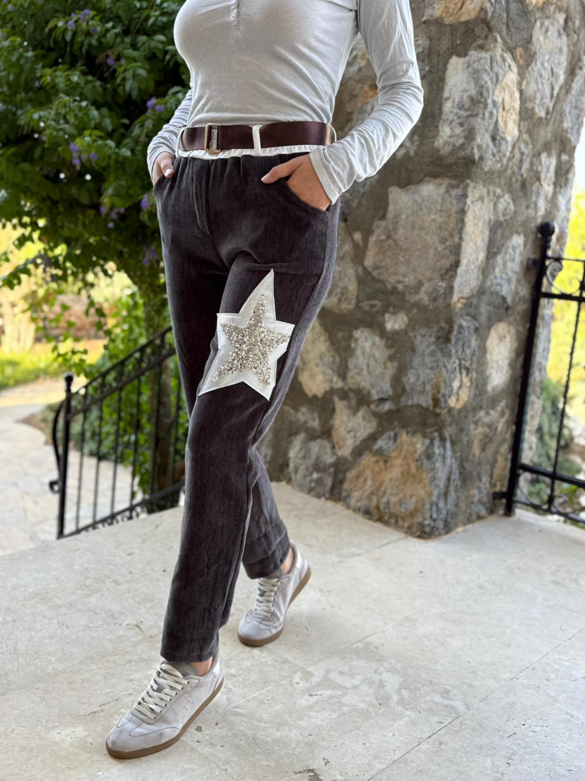 LS12520 İtalyan Yıldız Taşlı Kadife Pantolon Füme