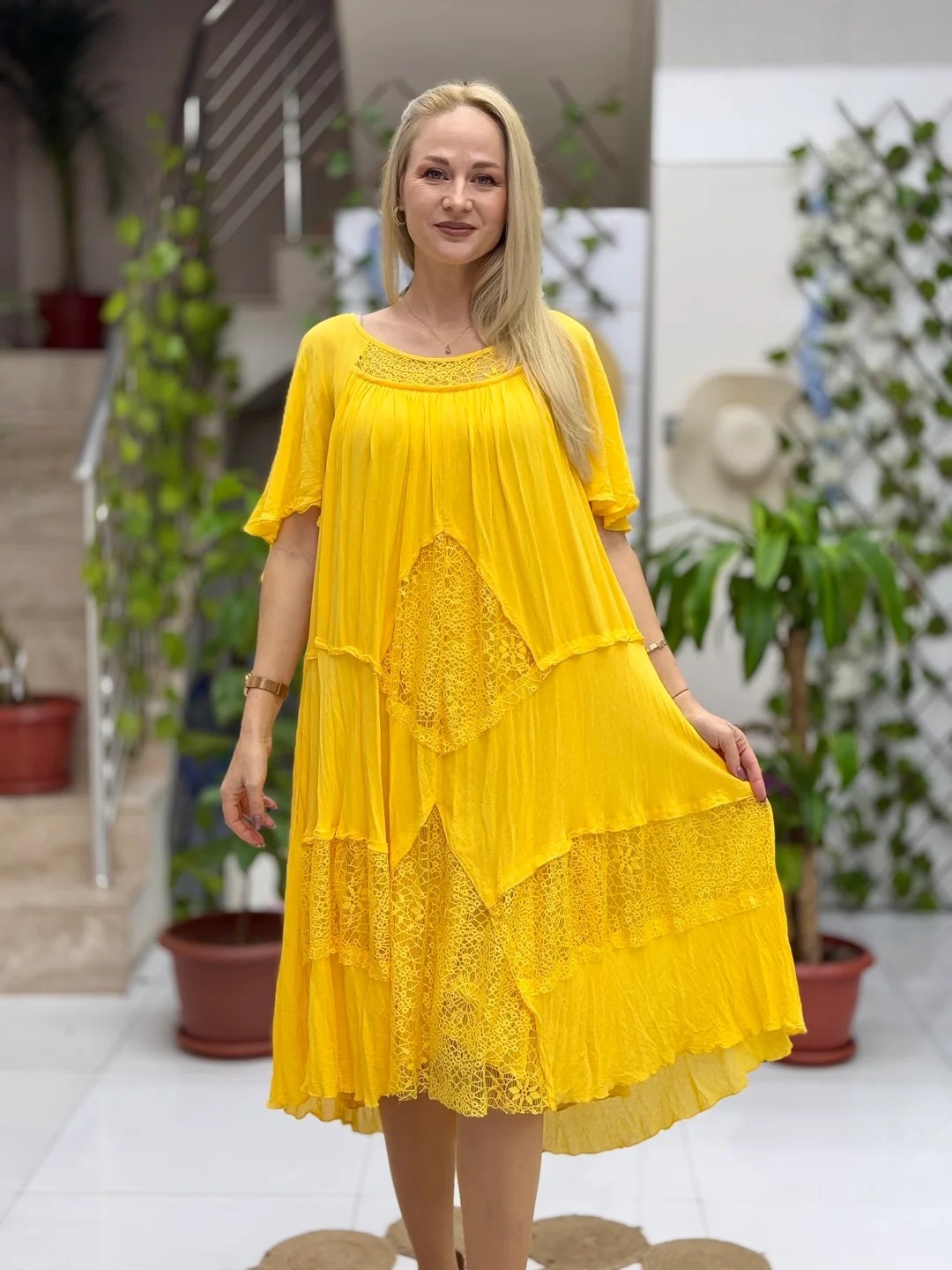 VL11055 Pencereli Vual Elbise Sarı