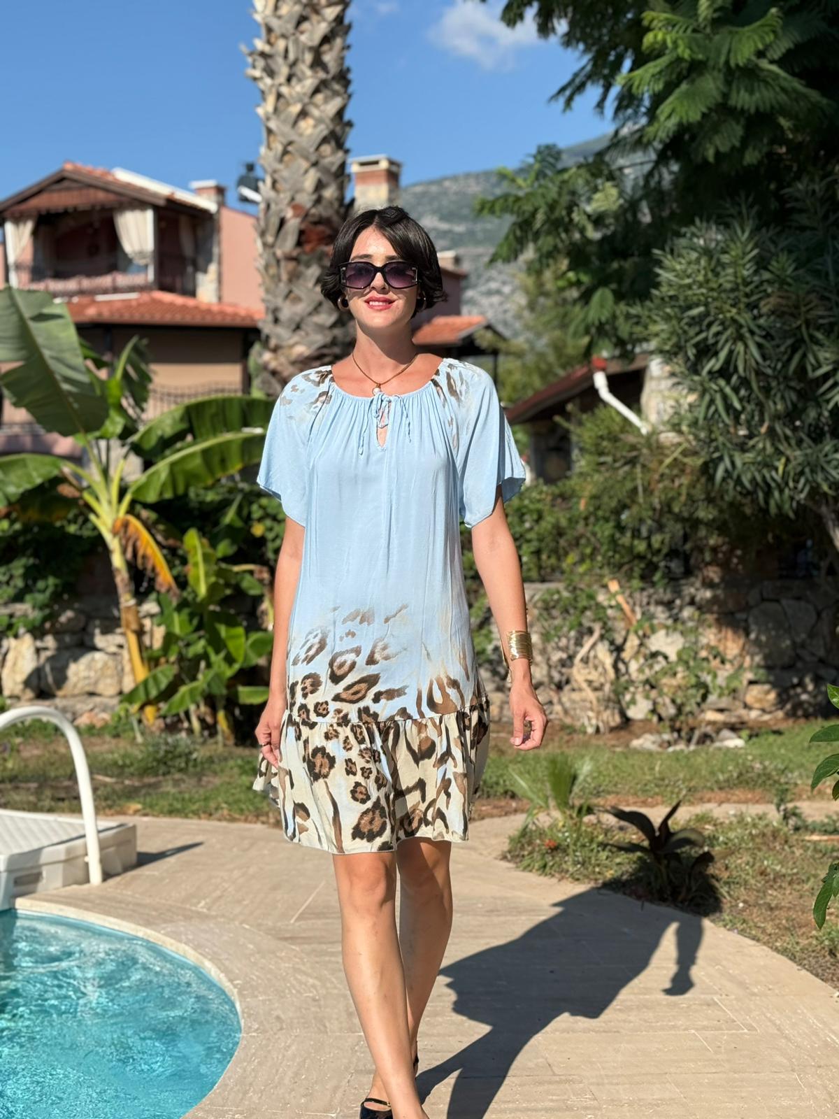 NC10526 İtalyan Yaka Lastikli Leoparlı Coton Elbise Bebe Mavi