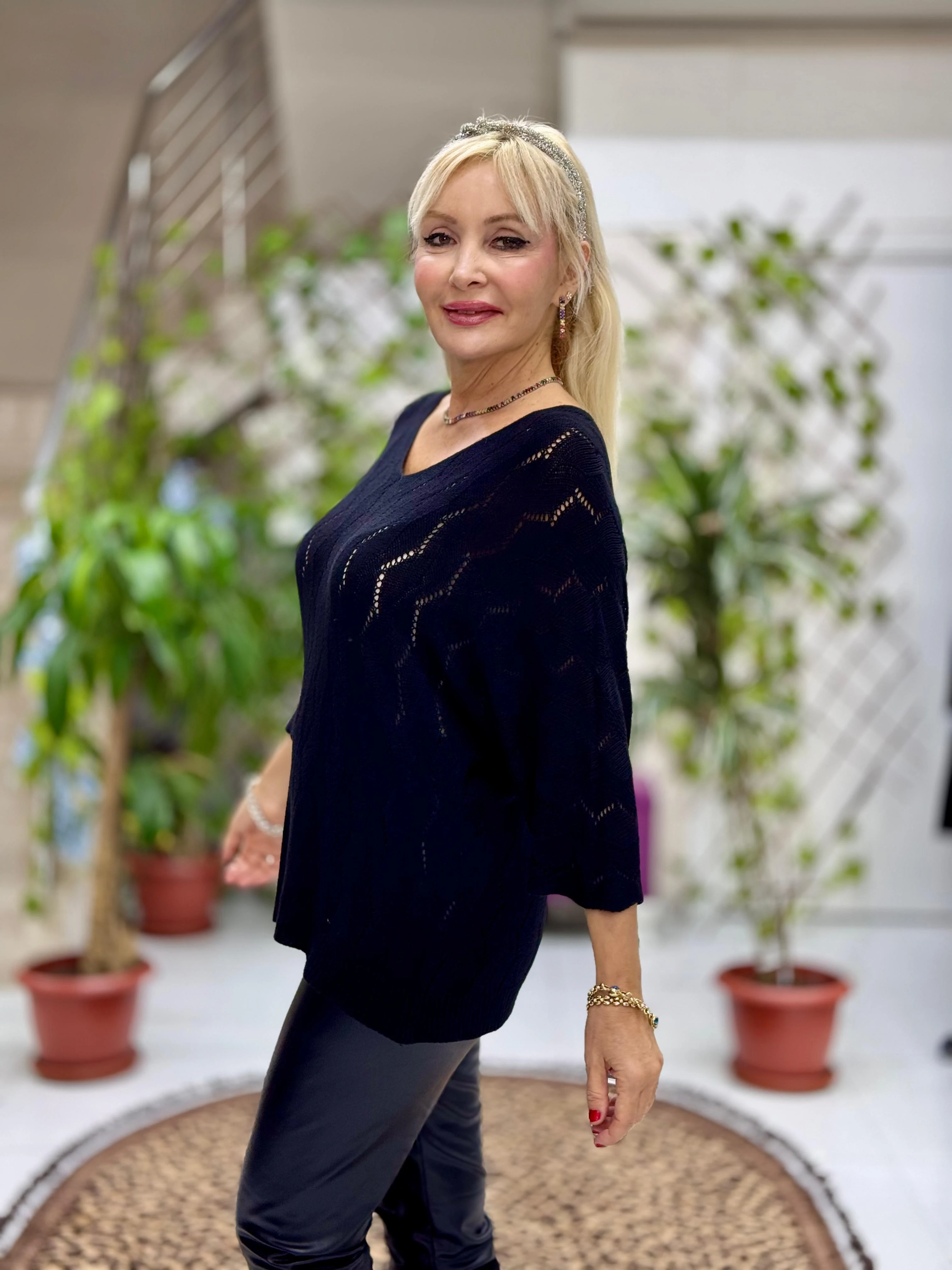 NC6071 İtalyan Fakir Kol Zikzak Desenli İnce Triko Bluz Siyah