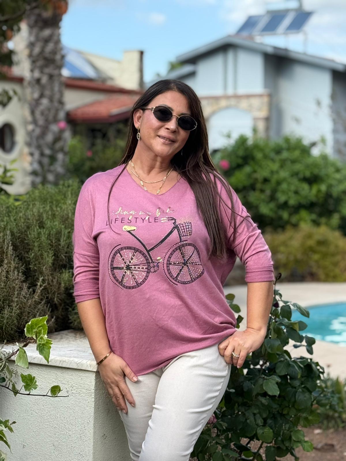 YG1095 V Yaka Bisiklet Baskılı İtalyan Triko Bluz Gül Kurusu