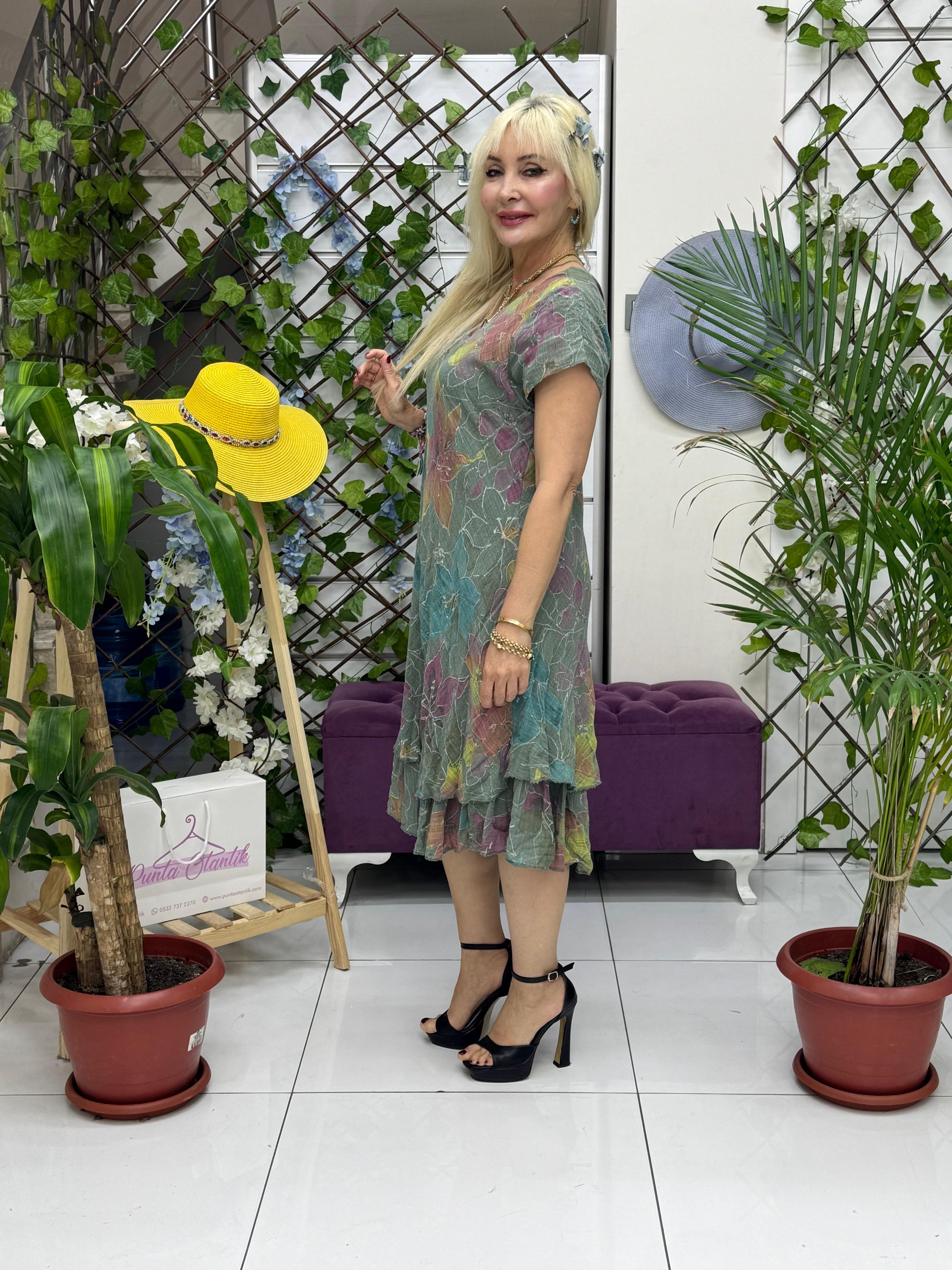 NC501228 İtalyan Kısa Kol Pamuk Keten Elbise Haki