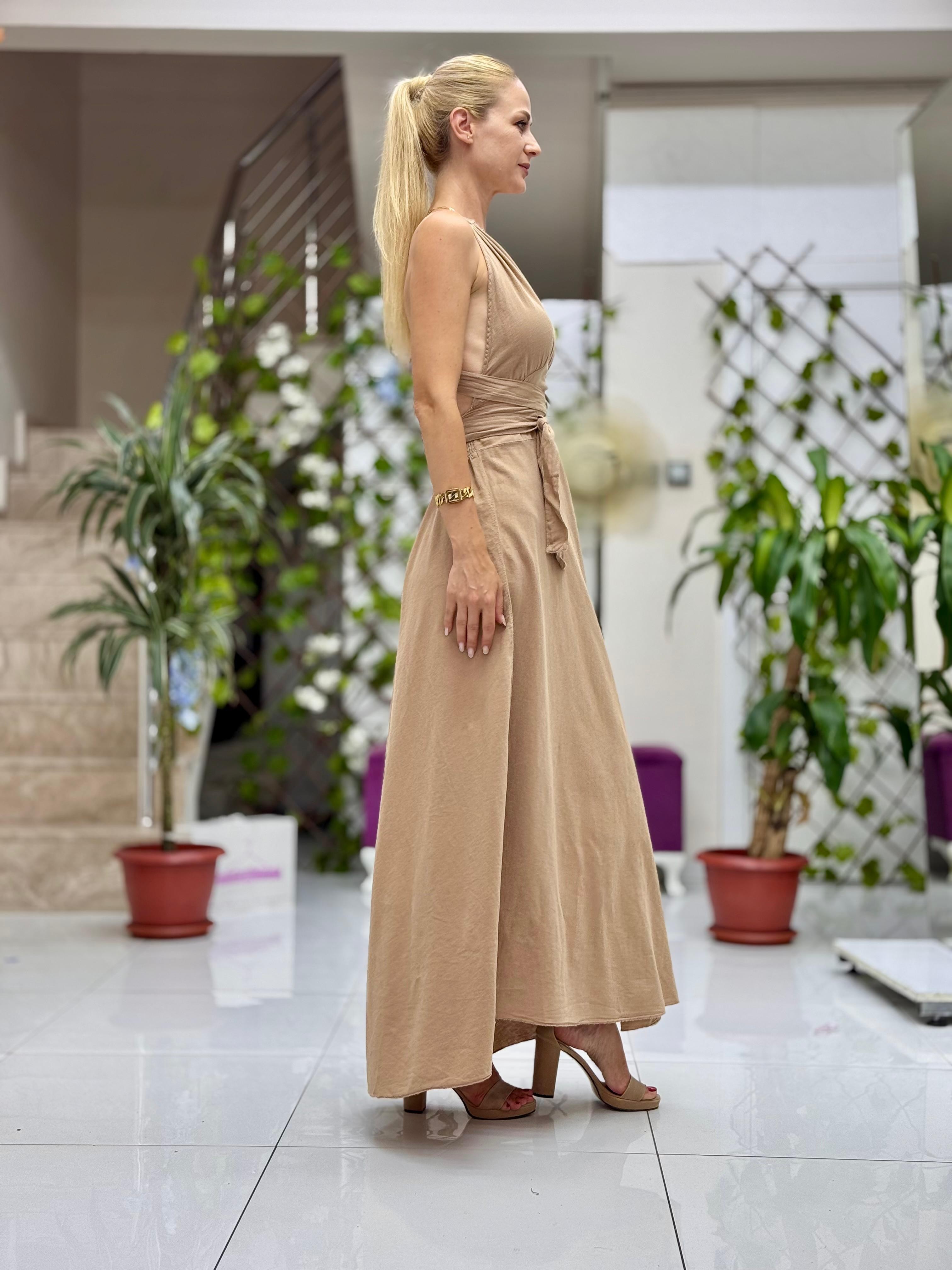 PT25071 Omuz Bağlamalı Belden Kuşaklı Sırtı Açık Coton Elbise Camel