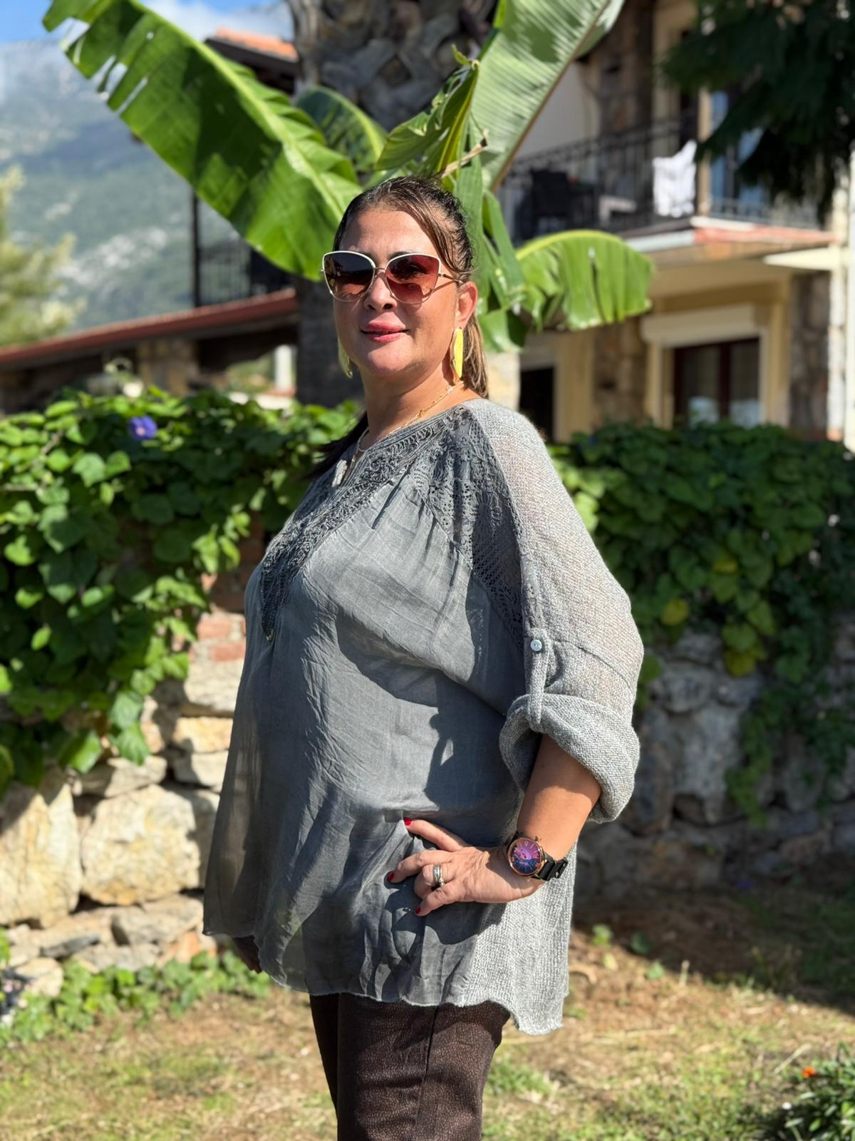 NC1868 Pul Payetli Omuz Dantelli İpek Triko İtalyan Bluz Füme