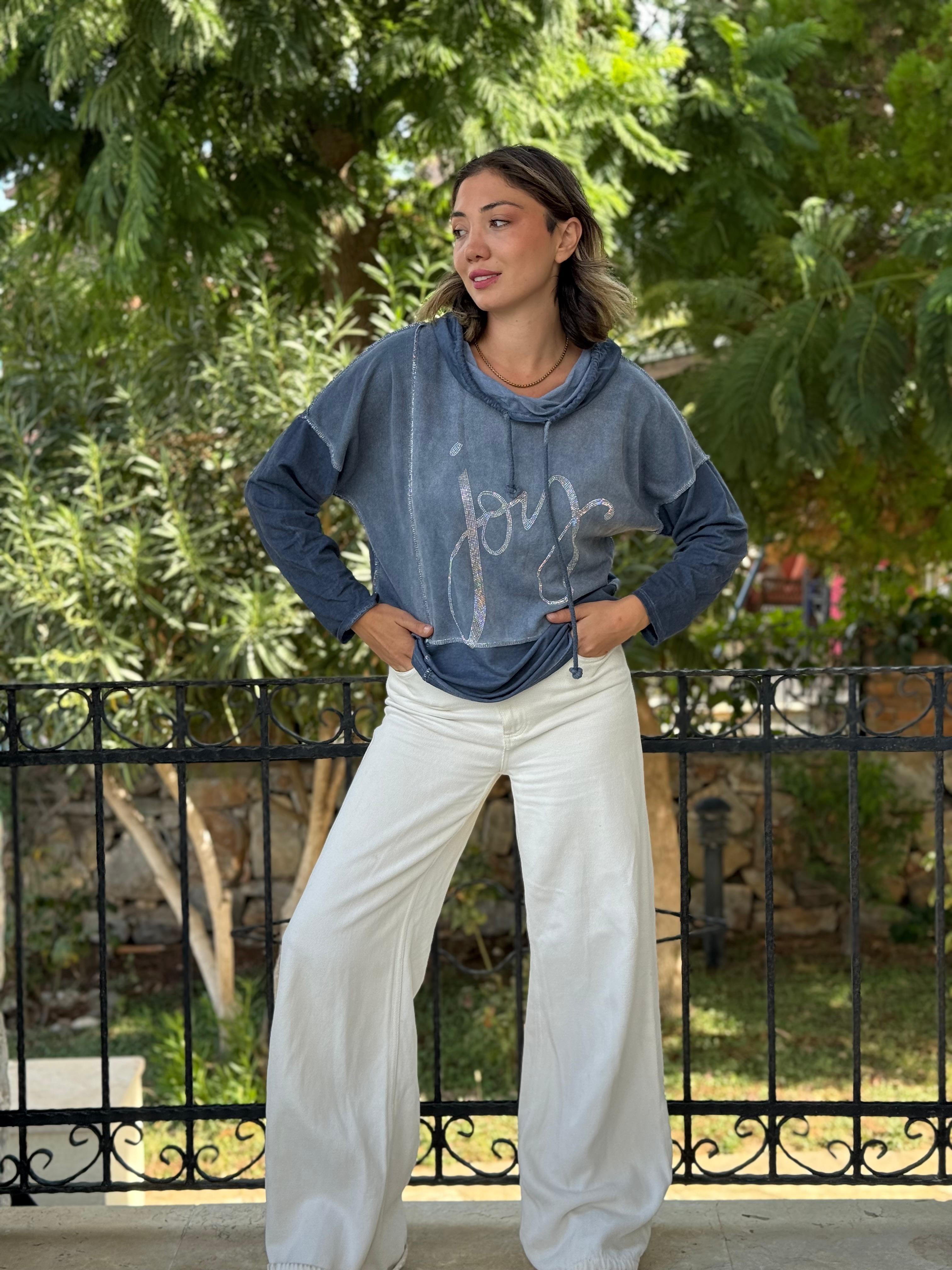 NC18533 İtalyan Joy Taşlı Kapüşonlu Coton Sweatshirt Mavi