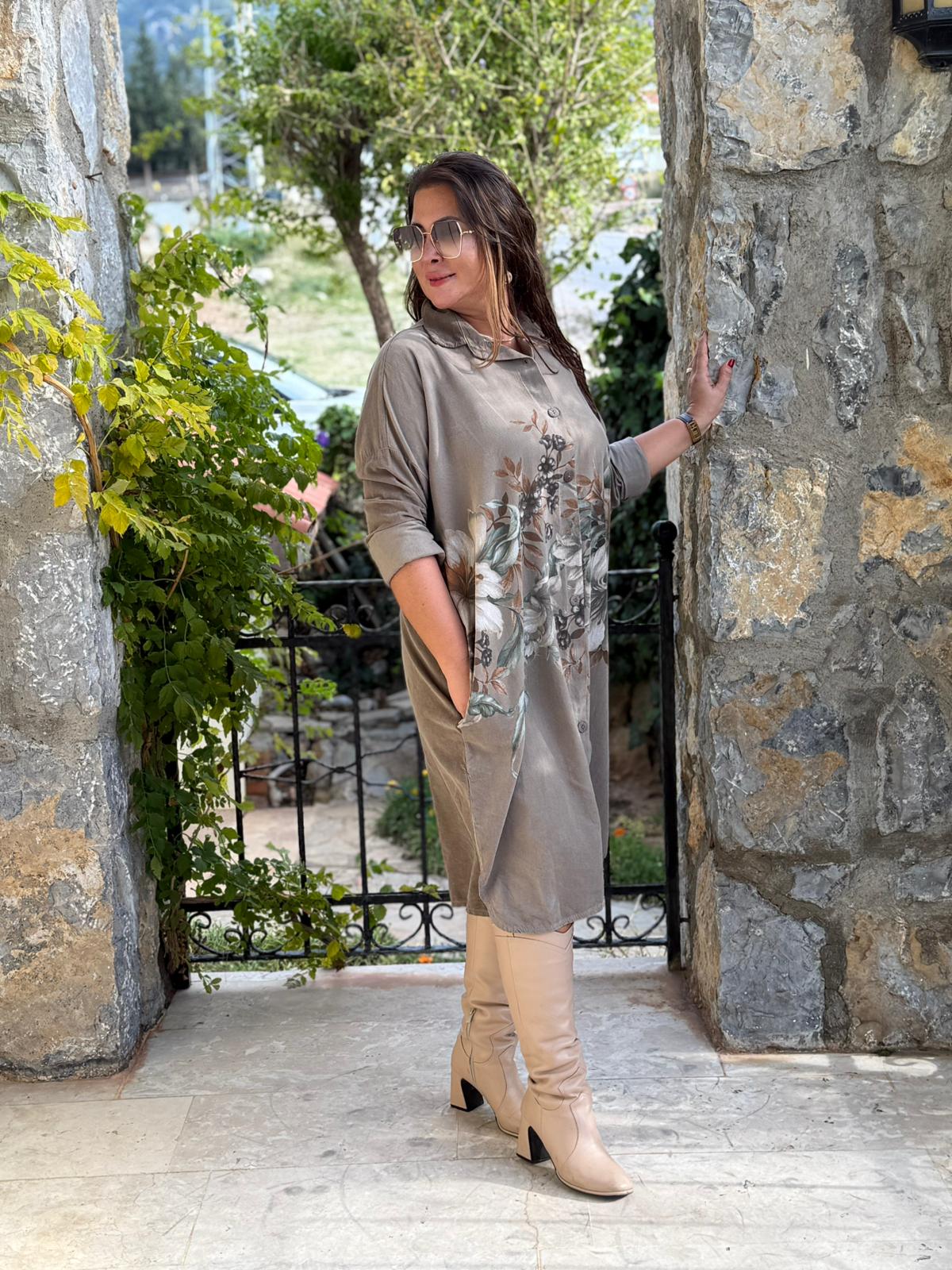 YG11410 Çiçek Baskılı Erkek Yaka  İtalyan Kadife Gömlek Elbise Vizon