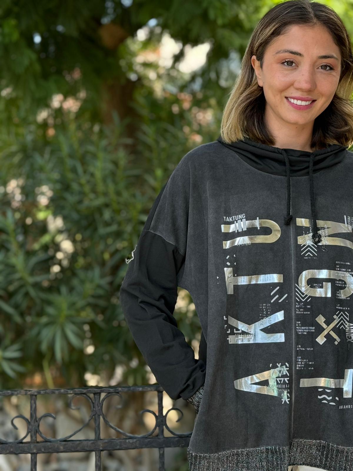 NC53050D İtalyan Yazı Baskılı Cepli Kapüşonlu Coton Sweatshirt Siyah