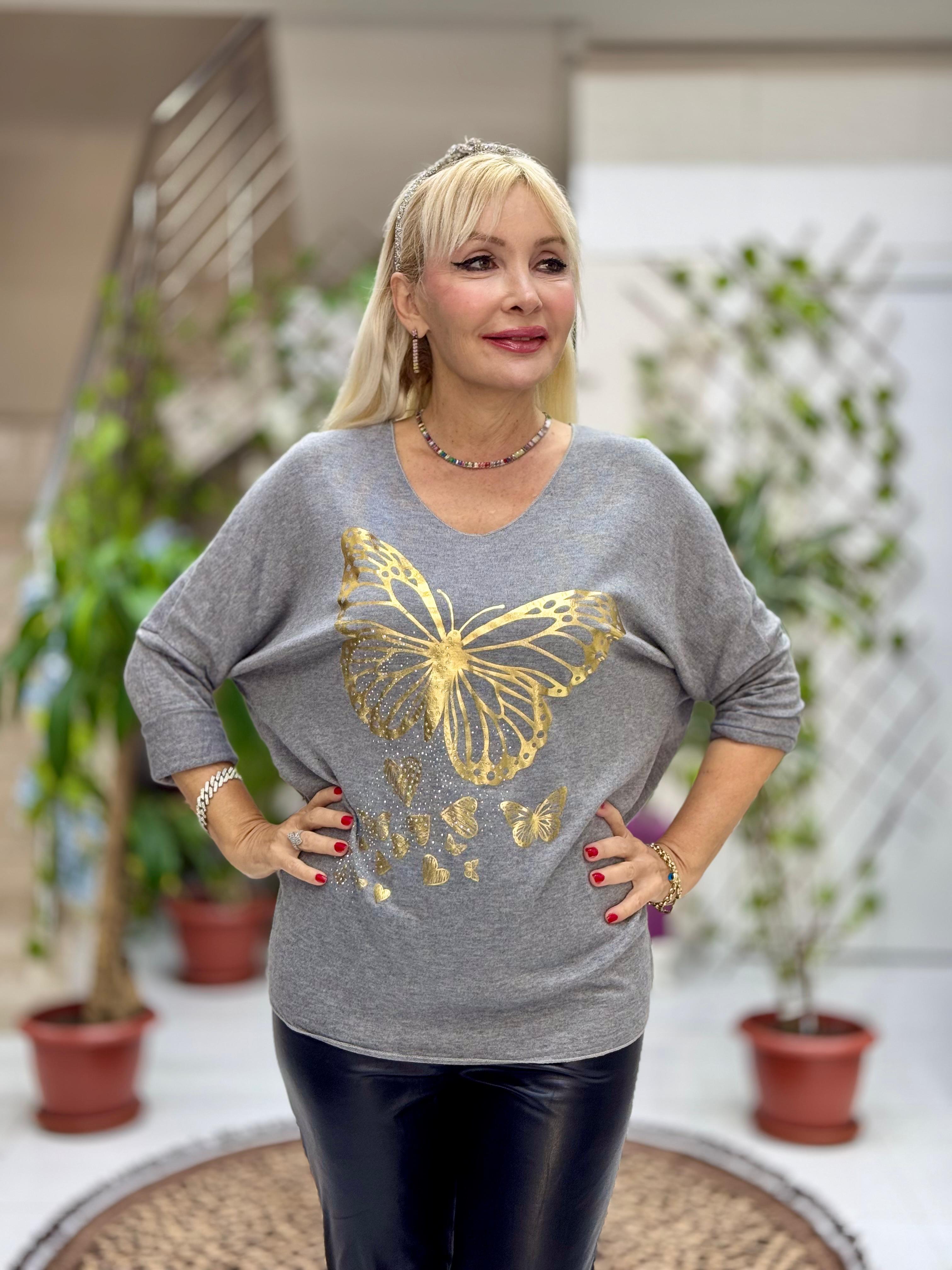 YG59100 İtalyan Taşlı ve Kelebek Baskılı Triko Bluz Gri