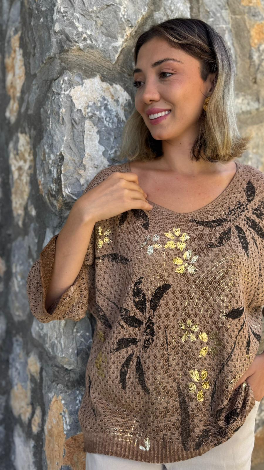 LS7514 İtalyan Yaprak Desen Triko Bluz Camel