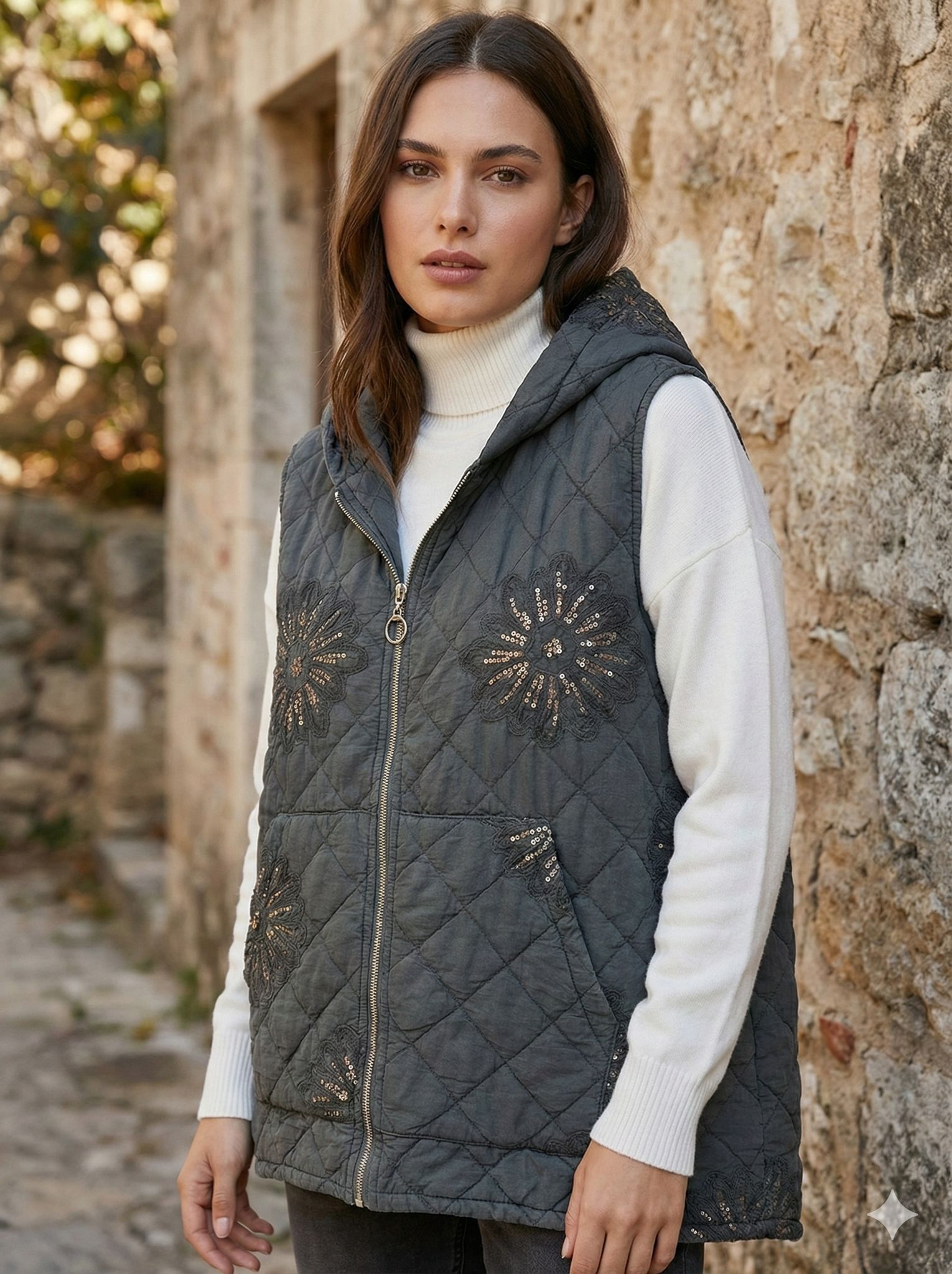 NC61586 Çiçek Desen Kapişonlu Kapitone İtalyan Yelek Gri