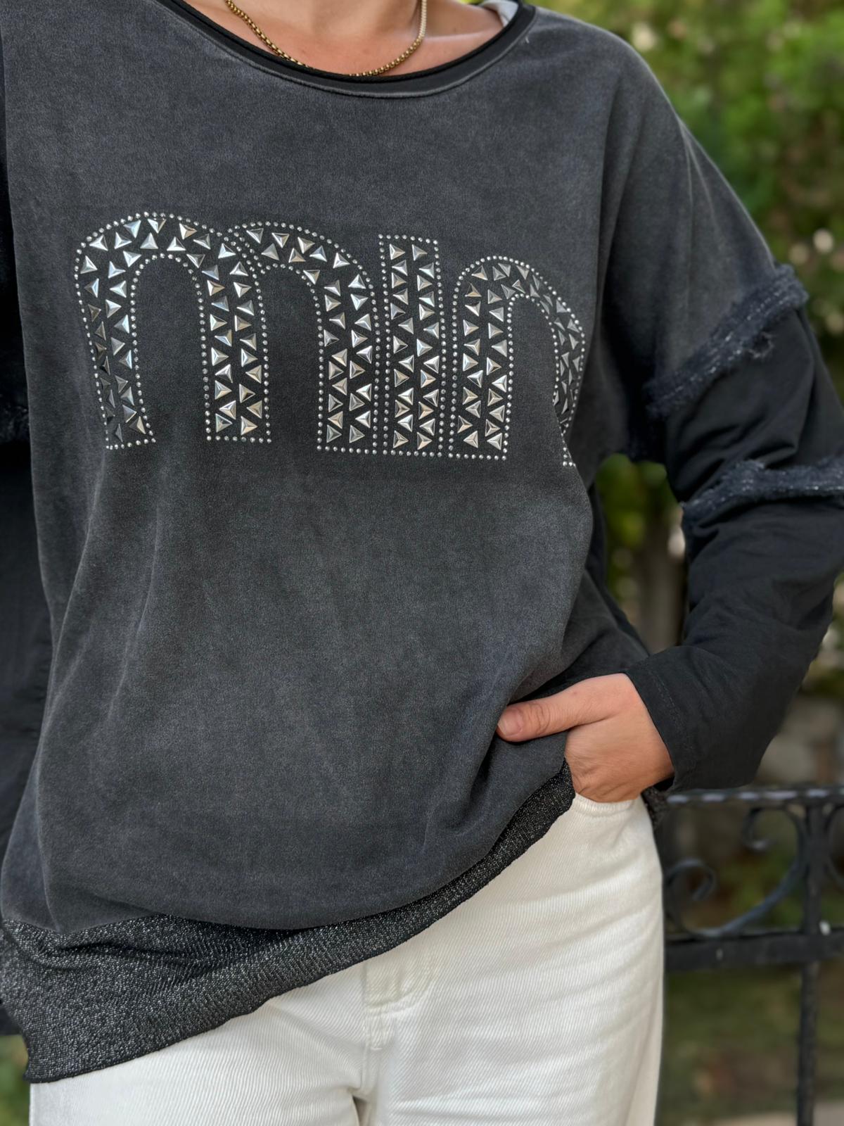 NC53659C İtalyan MIN Taşlı Coton Sweatshirt Siyah