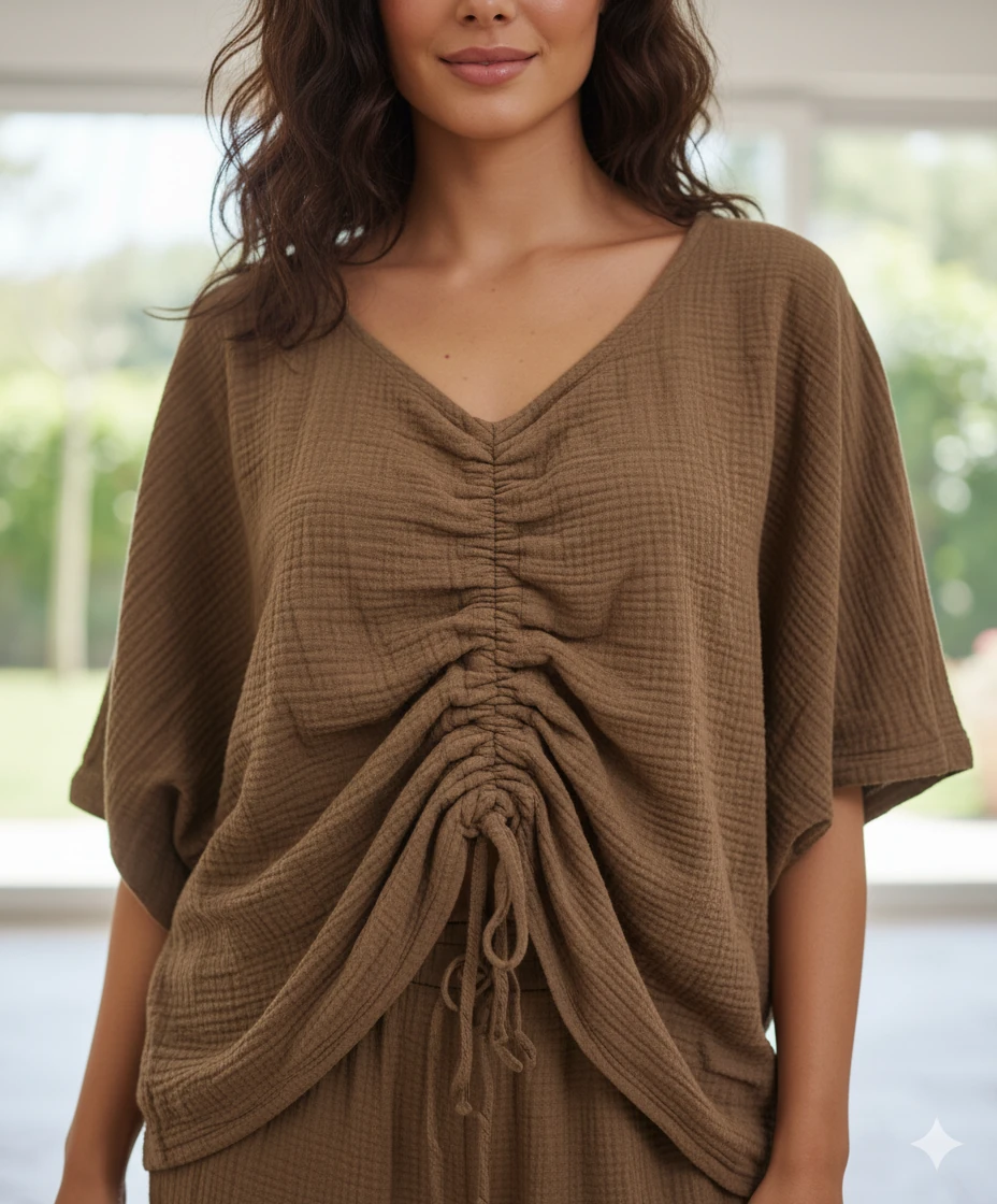 AY23766 Önü Büzgülü Pantolonu Yırtmaçlı Müslin Takım Kahve