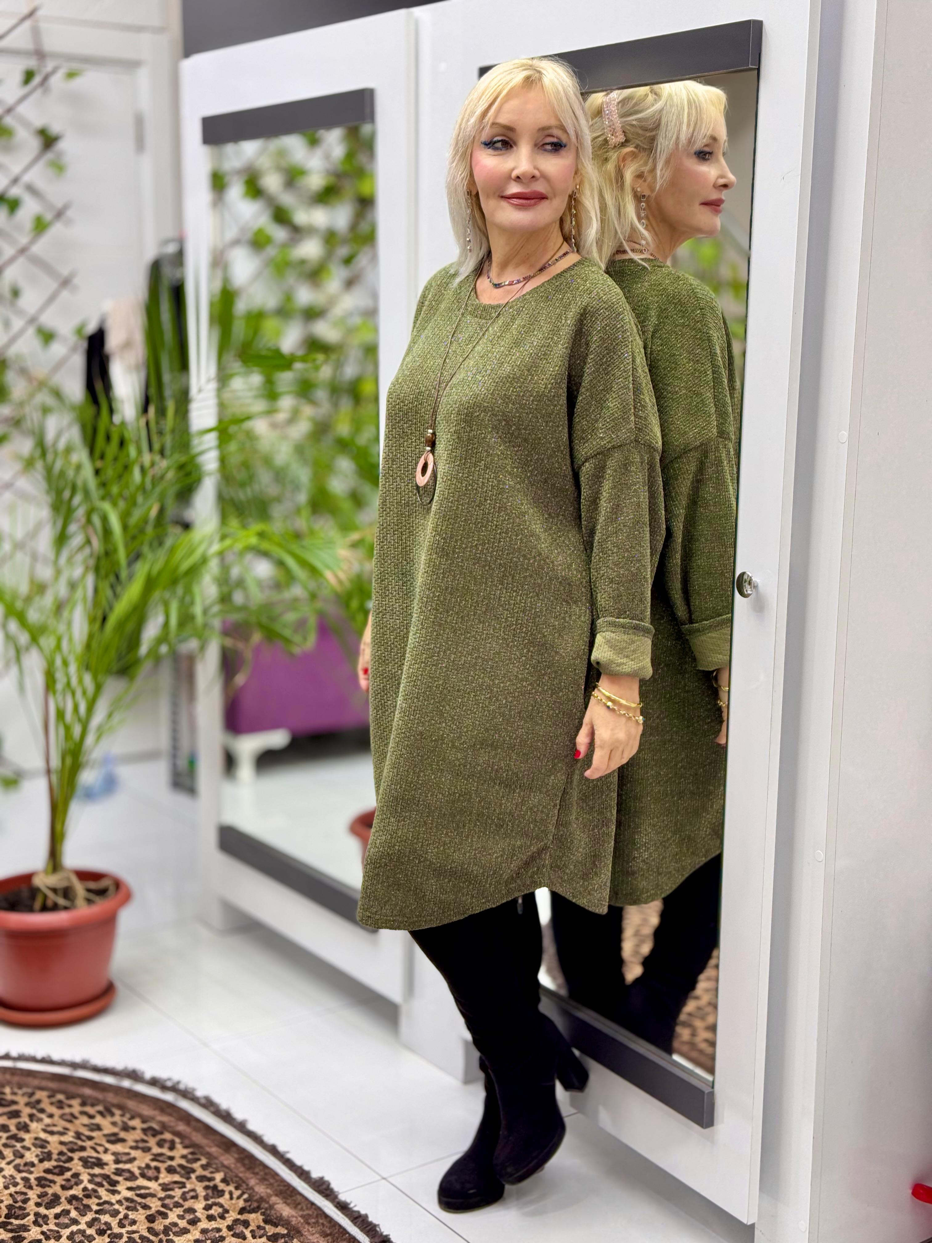 NC25158 Simit Yaka Kolyeli Simli İtalyan Kadife Elbise Haki