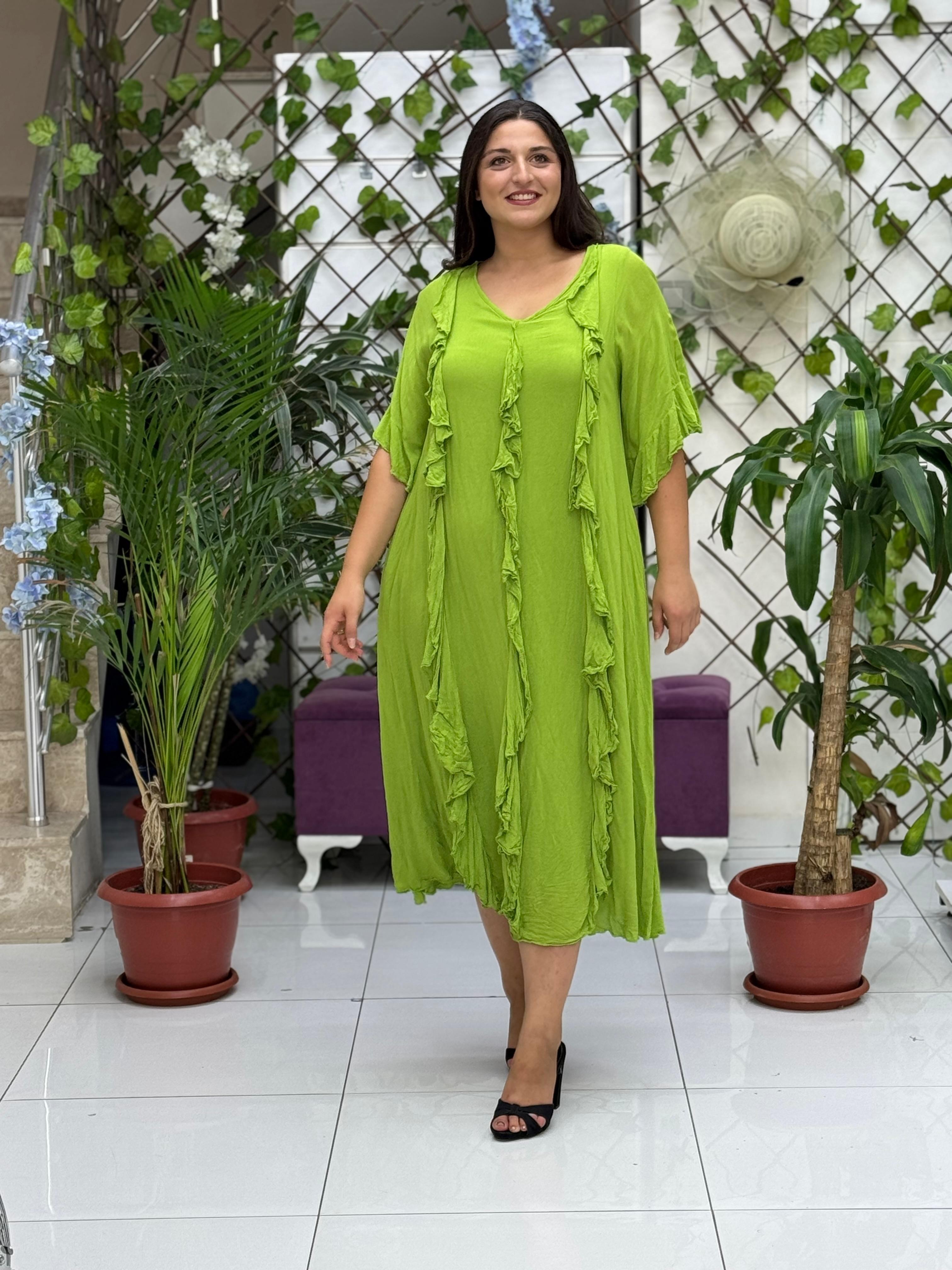 VL3041 Fırfırlı Vual Elbise Fıstık