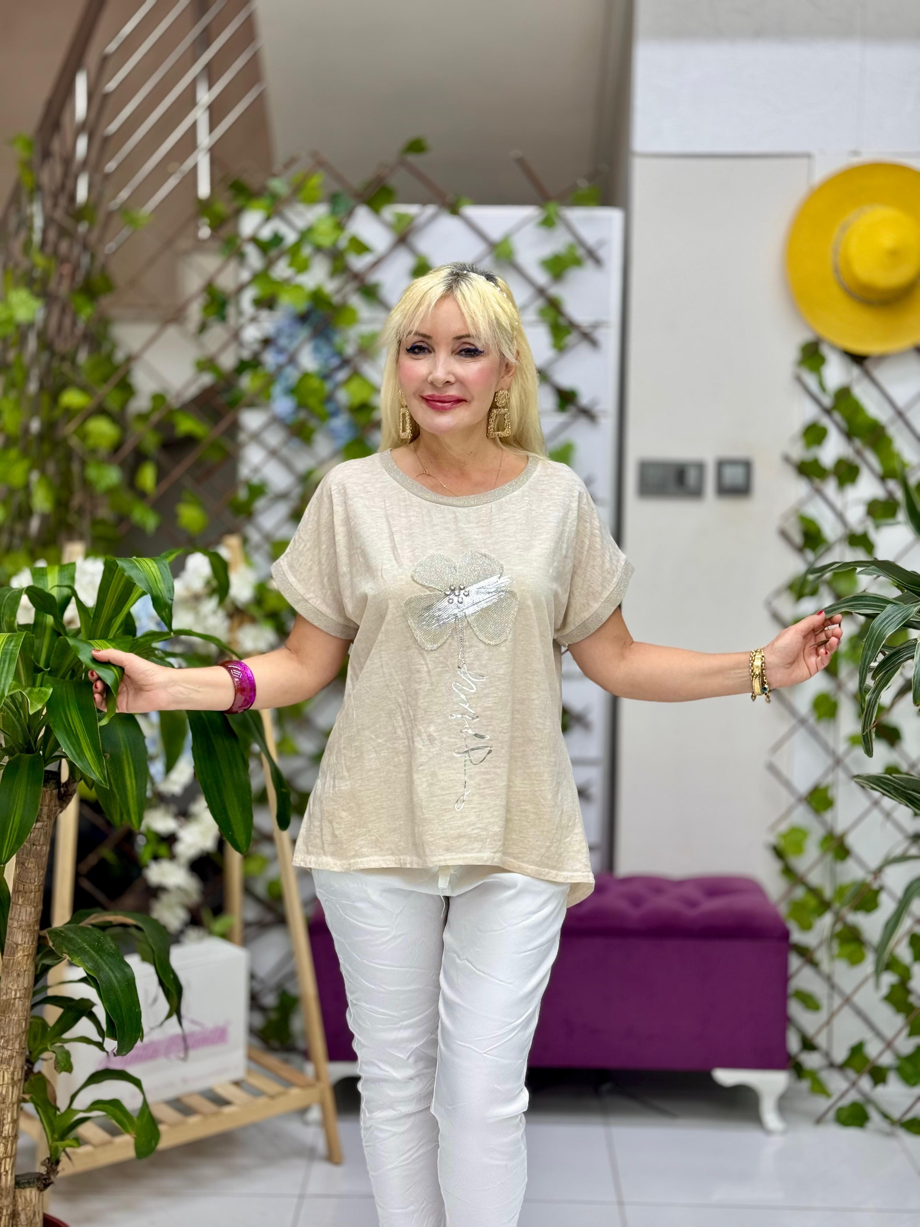 NC41760 İtalyan Yarım Kol Çiçekli Coton Bluz Krem