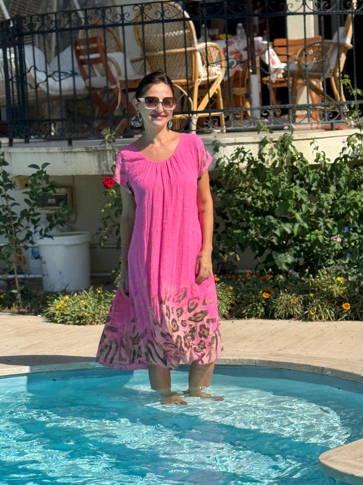 NC50848 İtalyan Pamuk Keten Astarlı Elbise Pembe