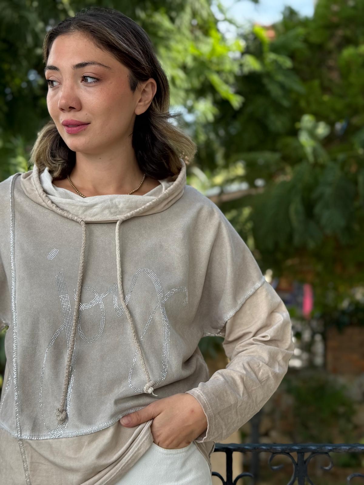 NC18533 İtalyan Joy Taşlı Kapüşonlu Coton Sweatshirt Krem