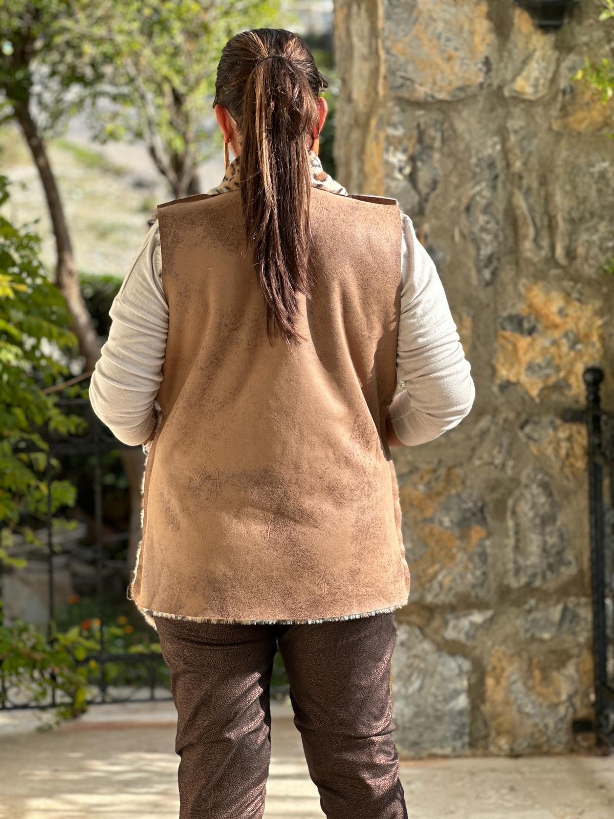 NC8470 İtalyan Çift Taraflı Nubuk-Kürk Yelek Camel