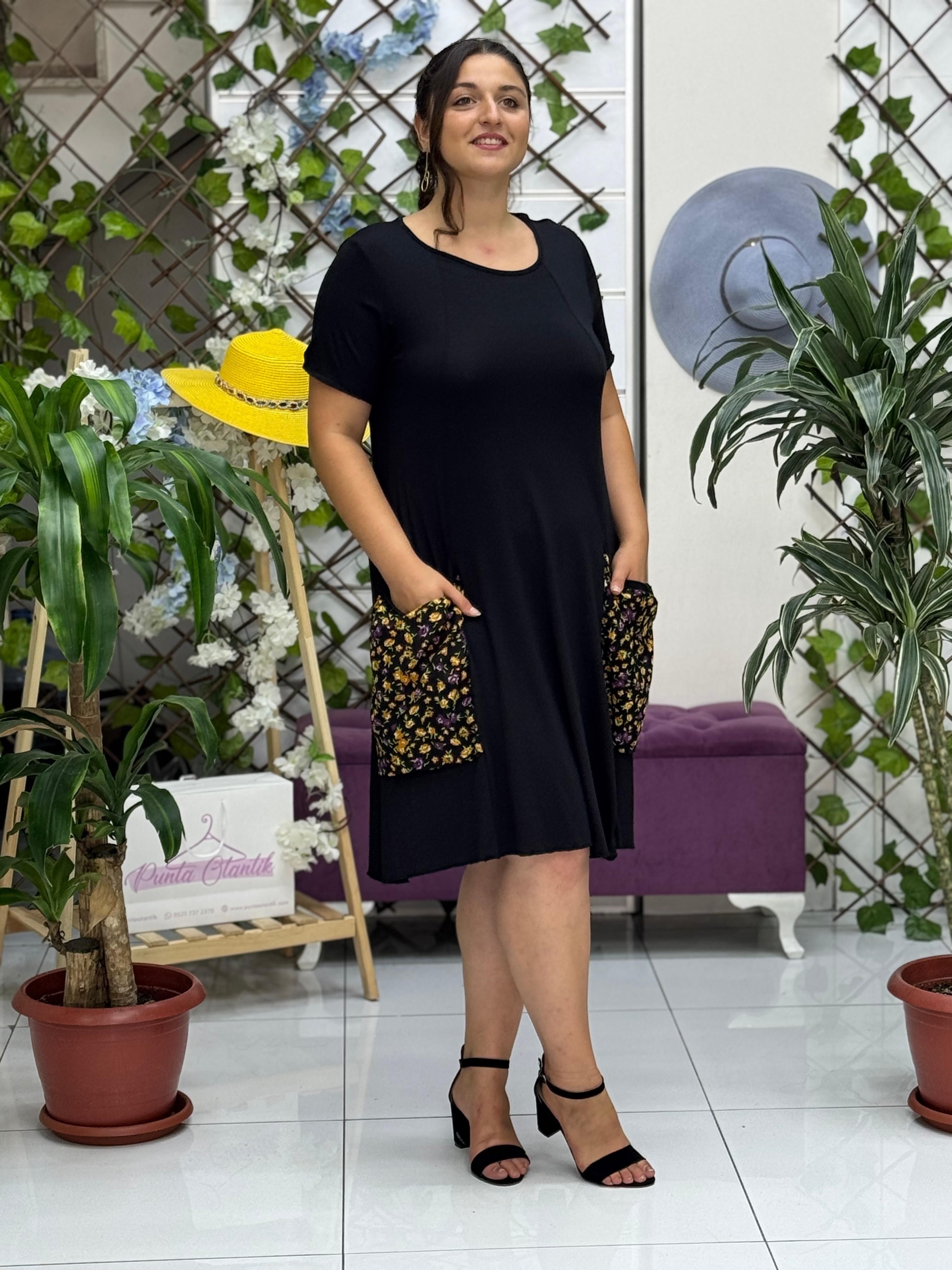 TS1018 Cebi Çiçekli Turlu Viskon Elbise Siyah