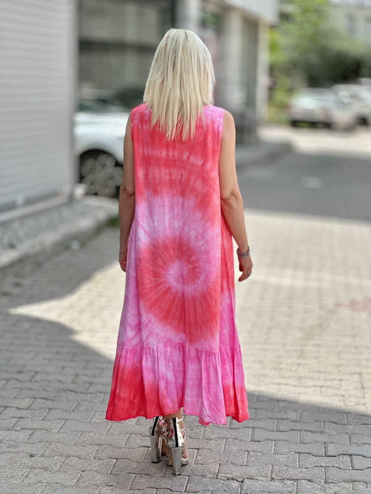 Y1594 Askılı Batik Viskon Elbise Pudra Pembe