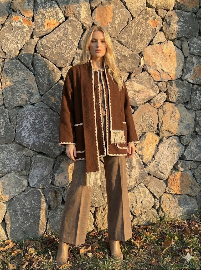 NC27786 Oya İşlemeli Atkılı İnce Kaşe Hırka Acı Kahve