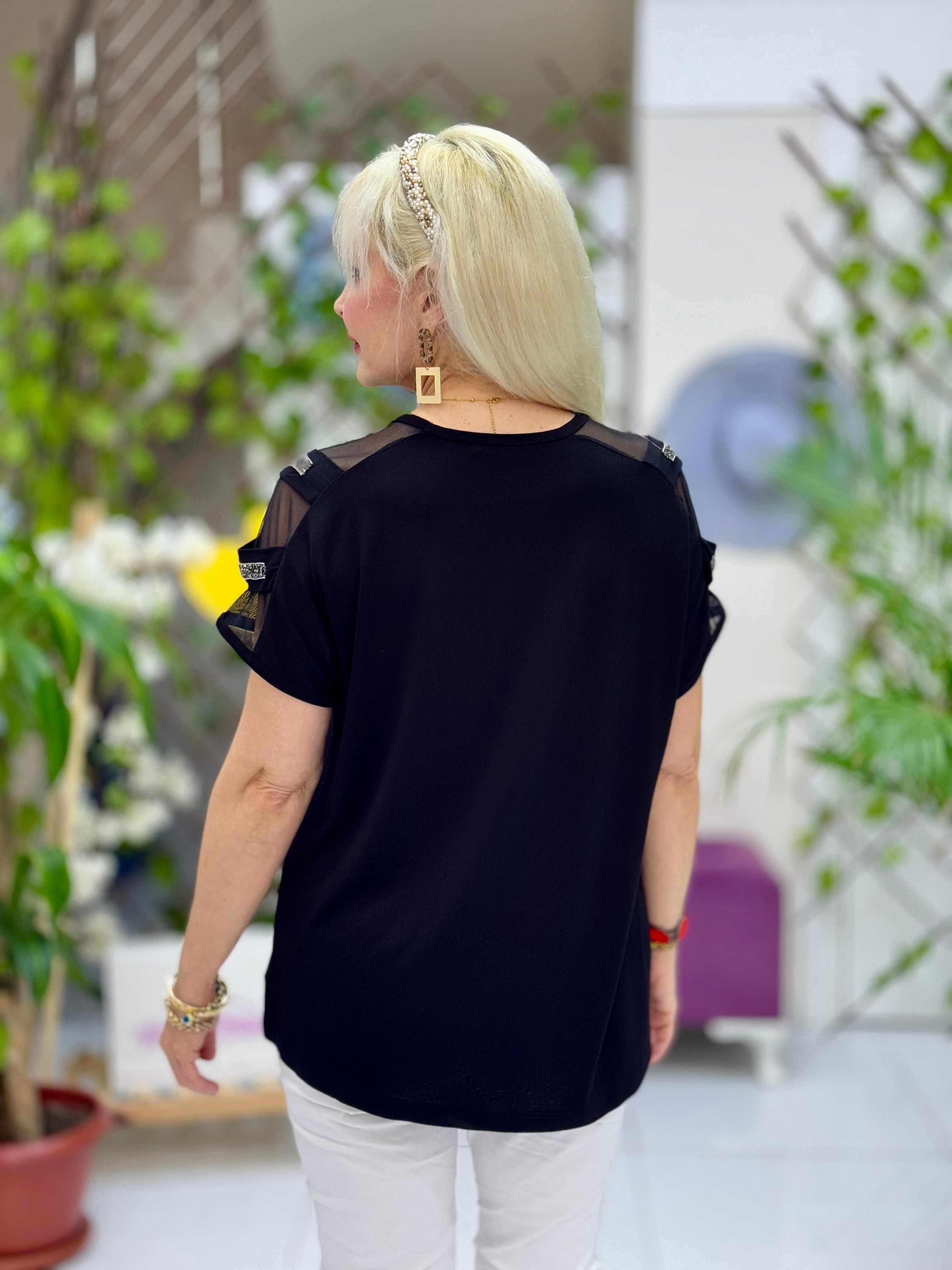 MS1107 Omuz Taşlı Penye Bluz Siyah