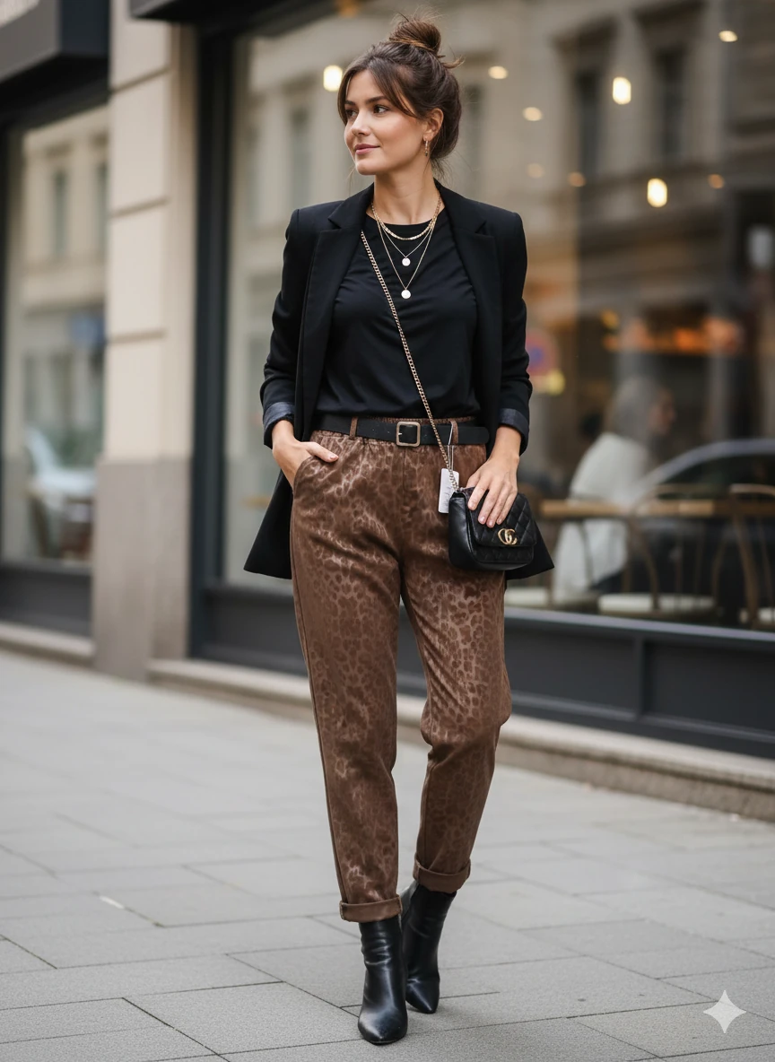 NC242976 italyan Leopar Desen Deri Pantolon Kahverengi