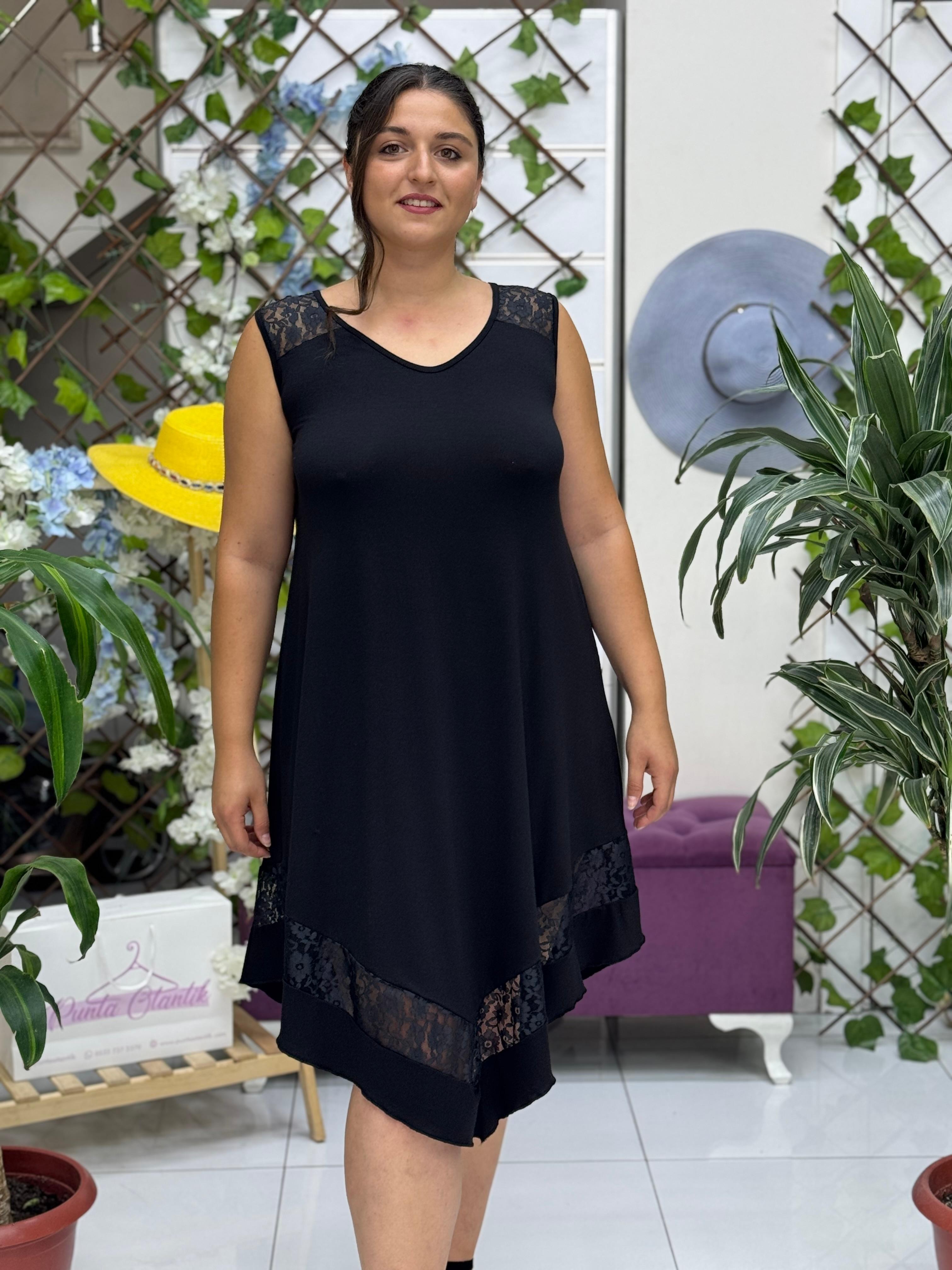 TS1009 Dantelli Askılı Turlu Viskon Elbise Siyah