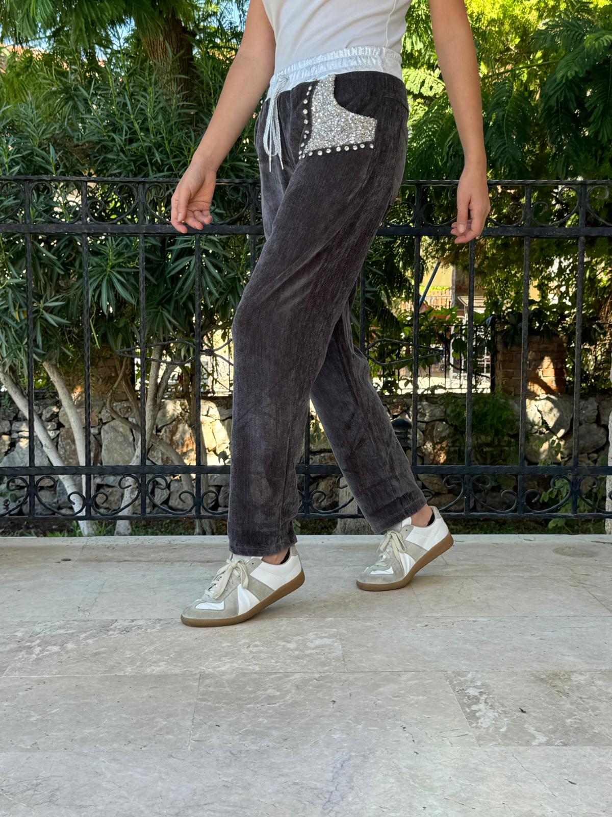 LS13220 İtalyan Cebi Taşlı Kadife Pantolon Füme