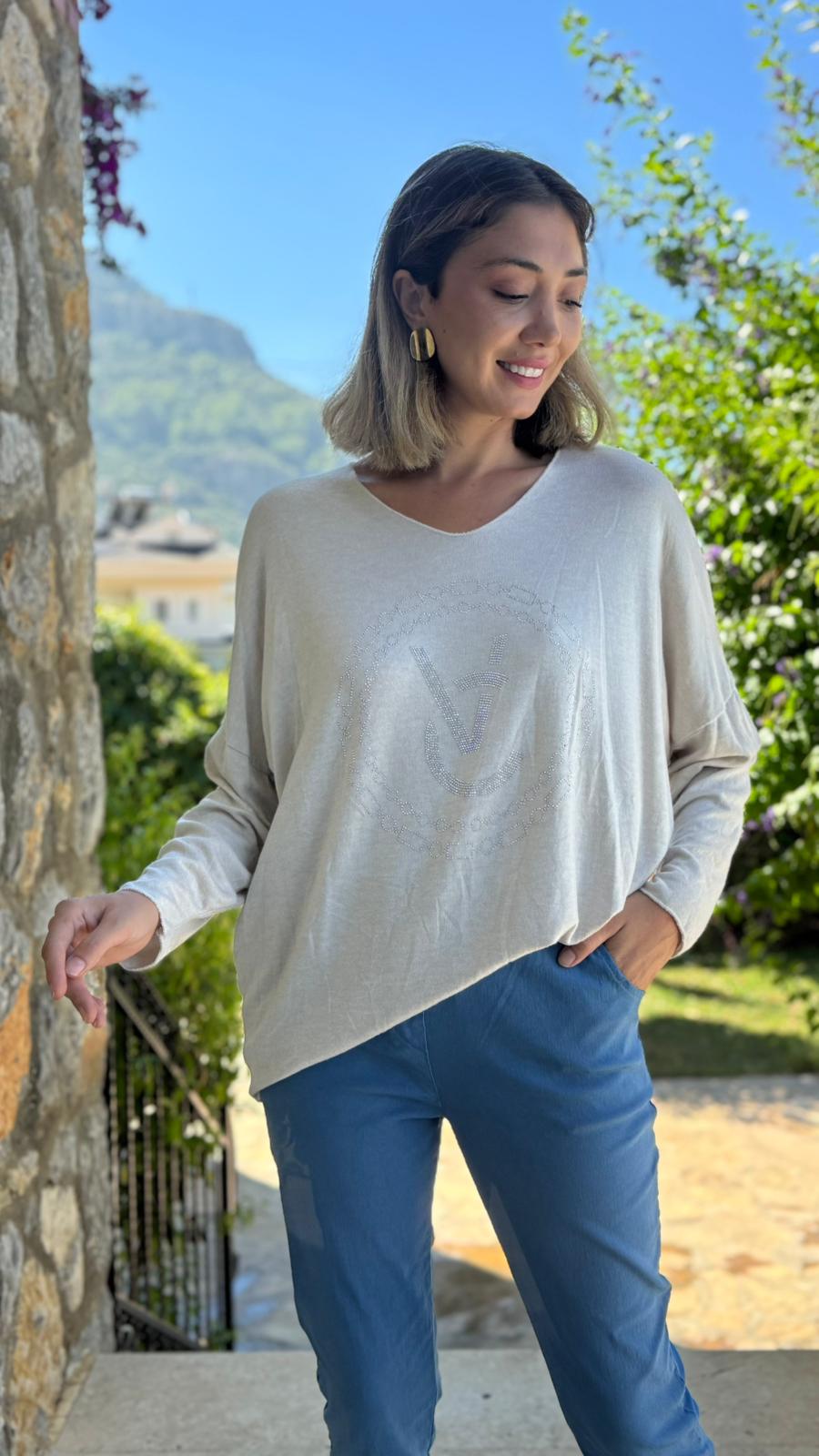 FXLS82681 İtalyan Taş Baskılı Triko Bluz Bej