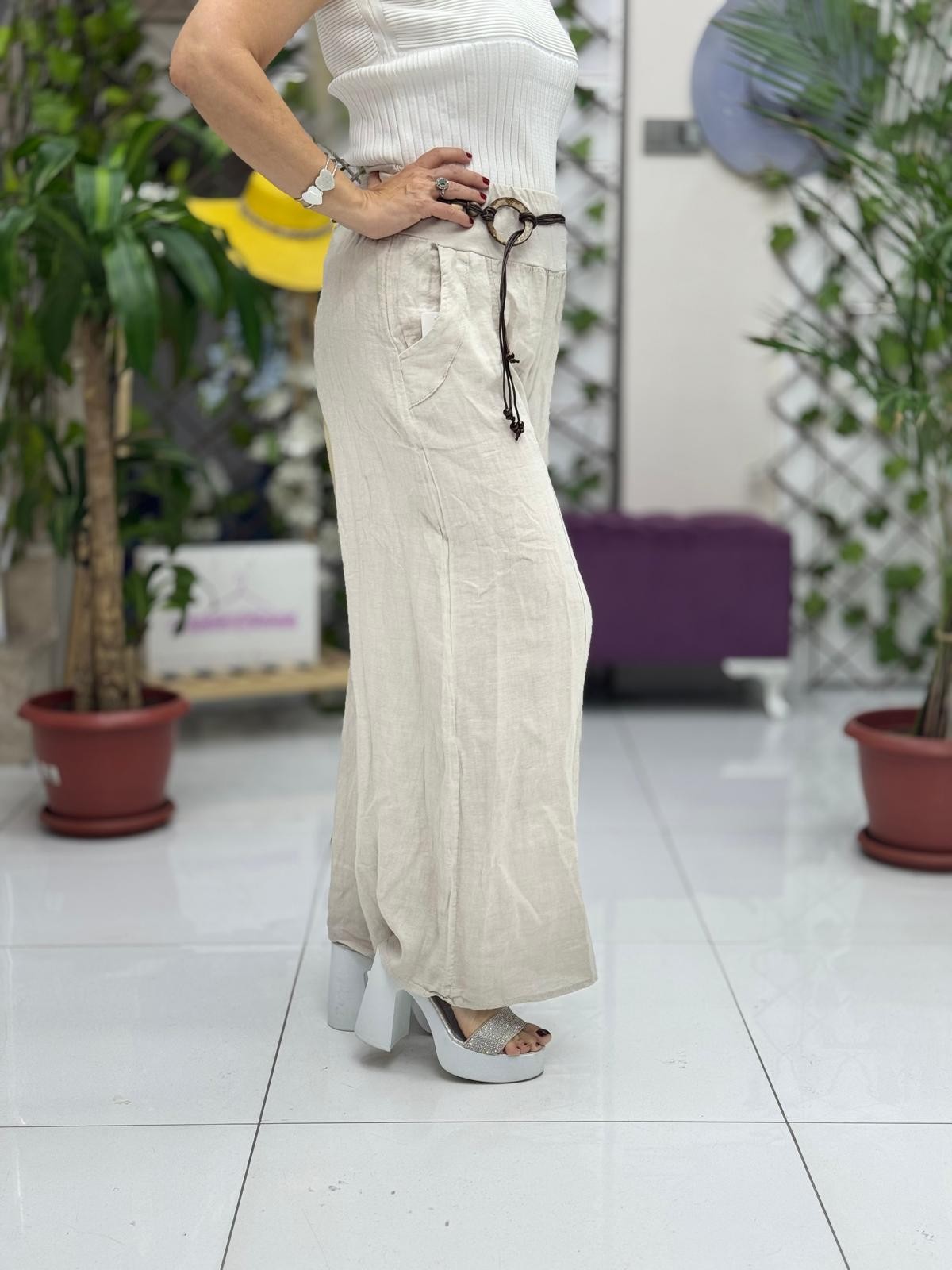 NC1136 İtalyan İtalyan Kemerli Keten Pantolon Krem