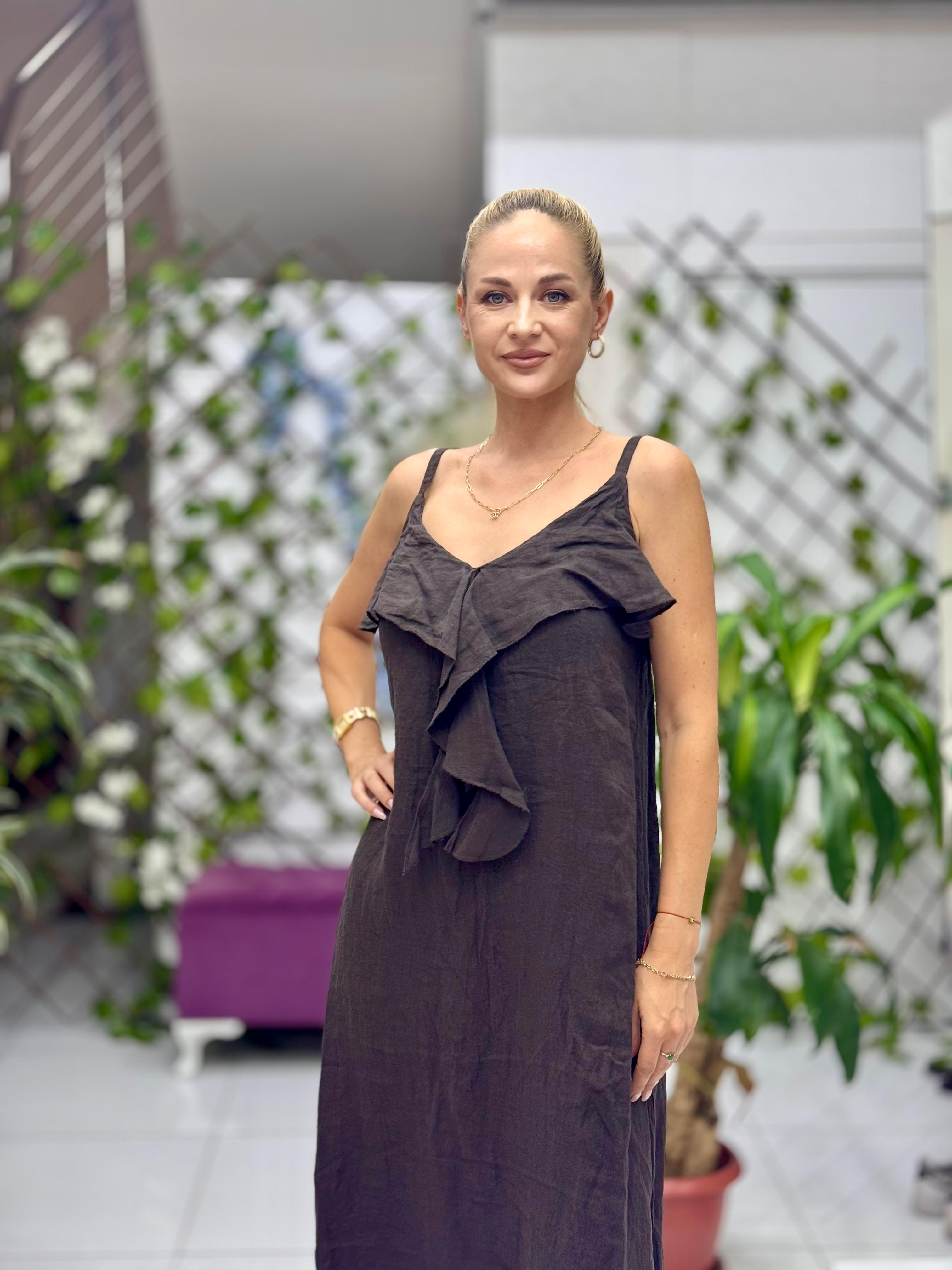 NC2132 İp Askılı Keten Önü Fırfırlı İtalyan Elbise Kahve